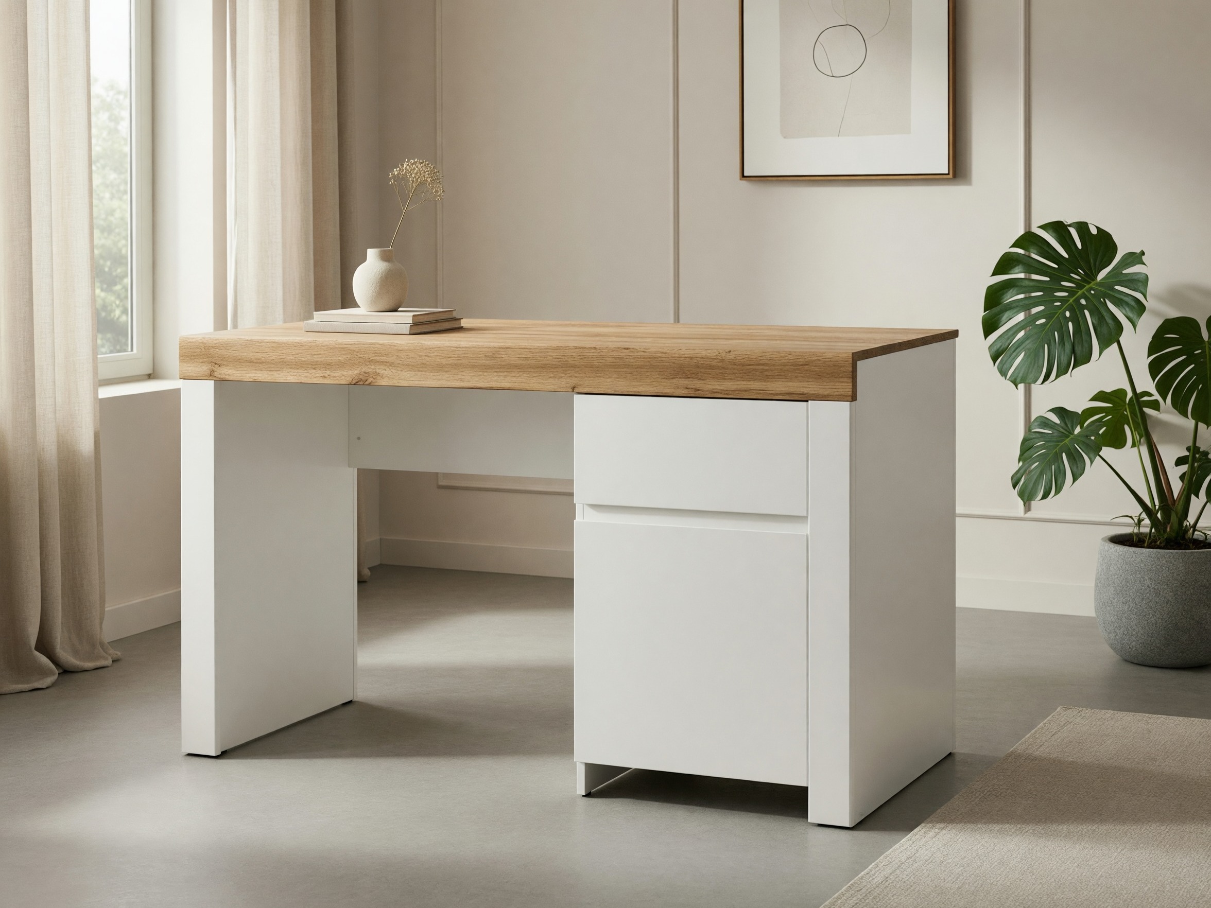 Mesa de oficina Sonsoru 130 (Blanco + Blanco brillante + Roble wotan)