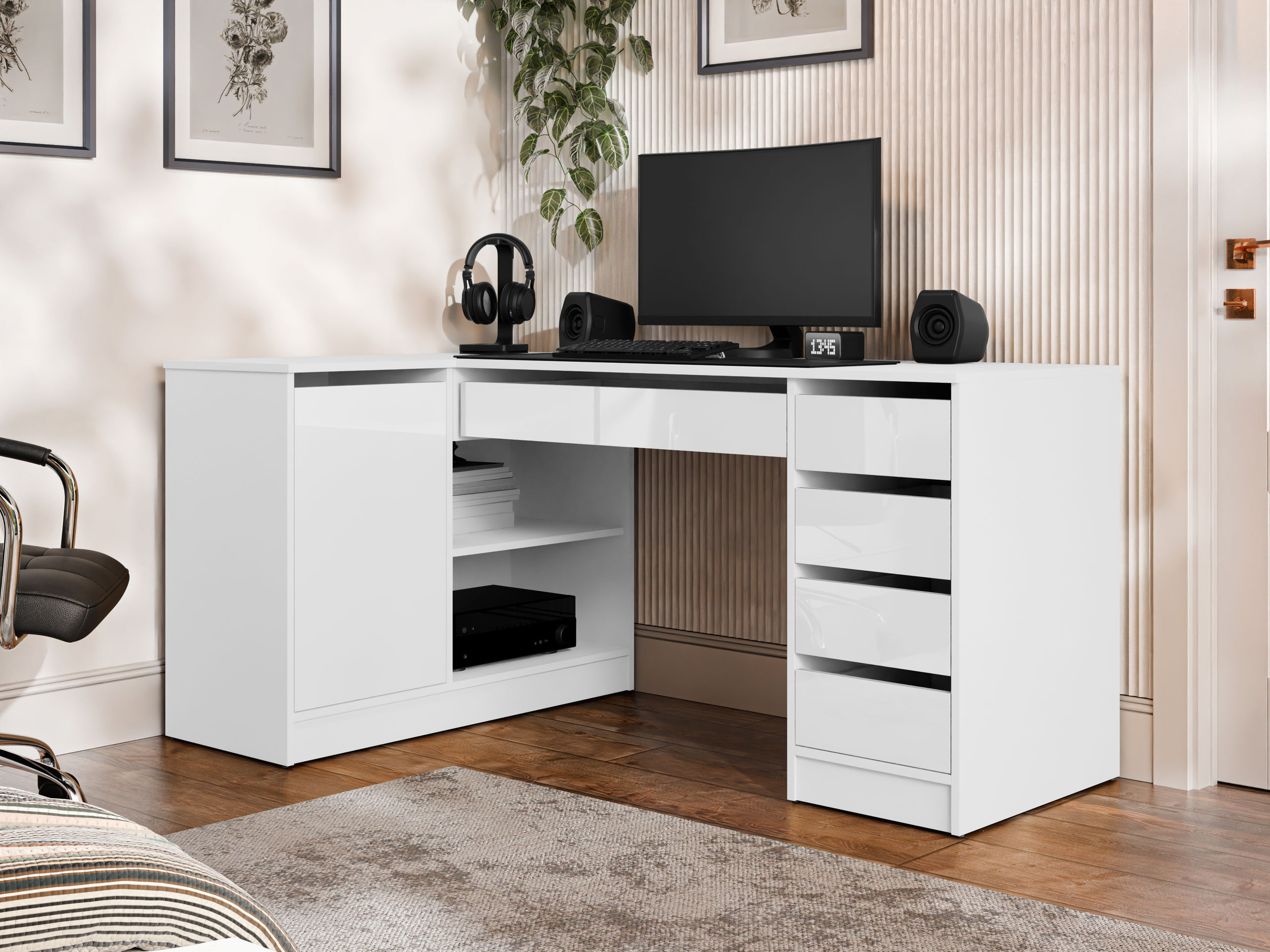 Mesa de ordenador esquinera Comfivo Terros III (Blanco brillante + Blanco)