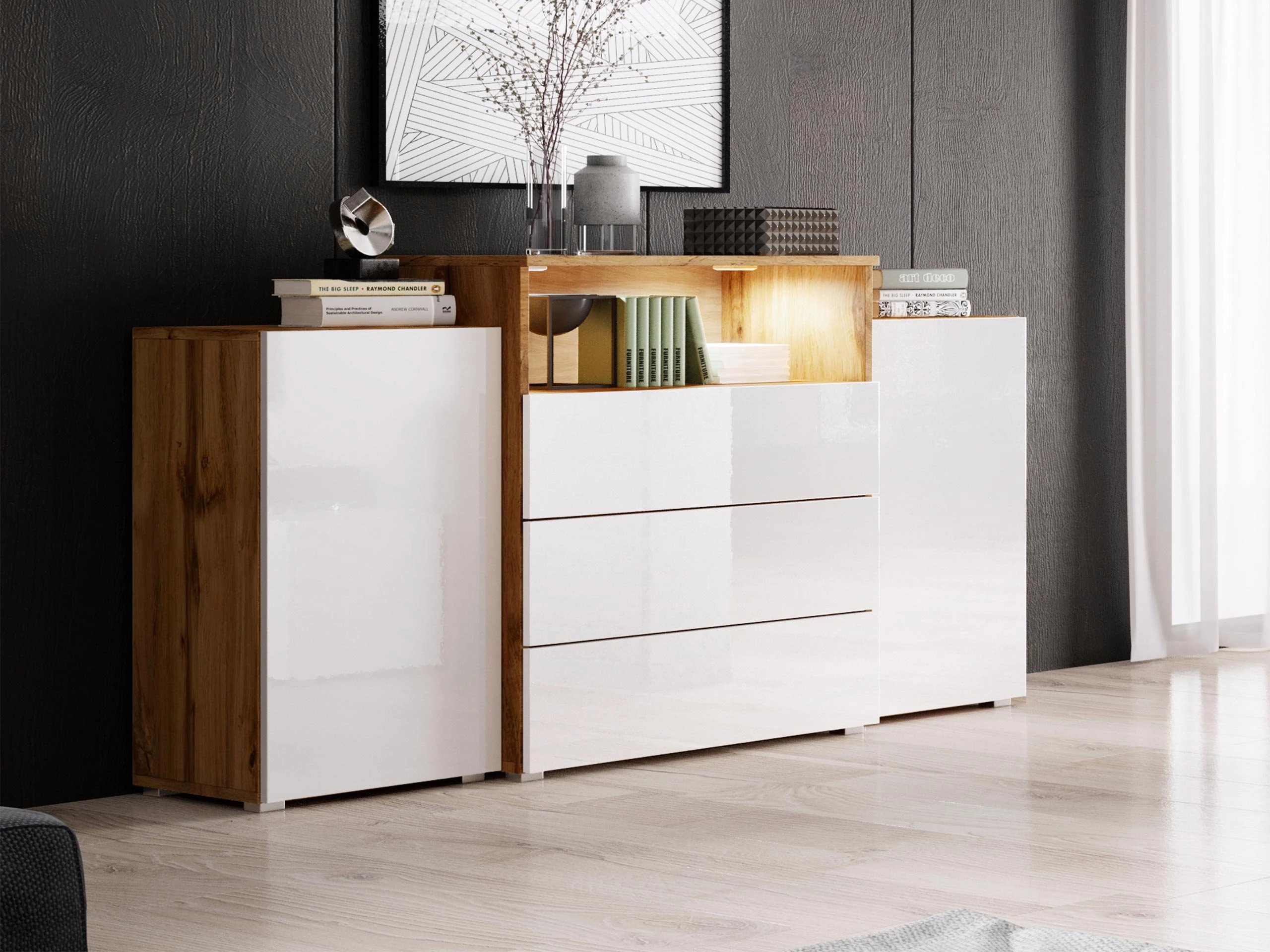 Cómoda Sarasota 127 (Roble wotan + Blanco brillante)