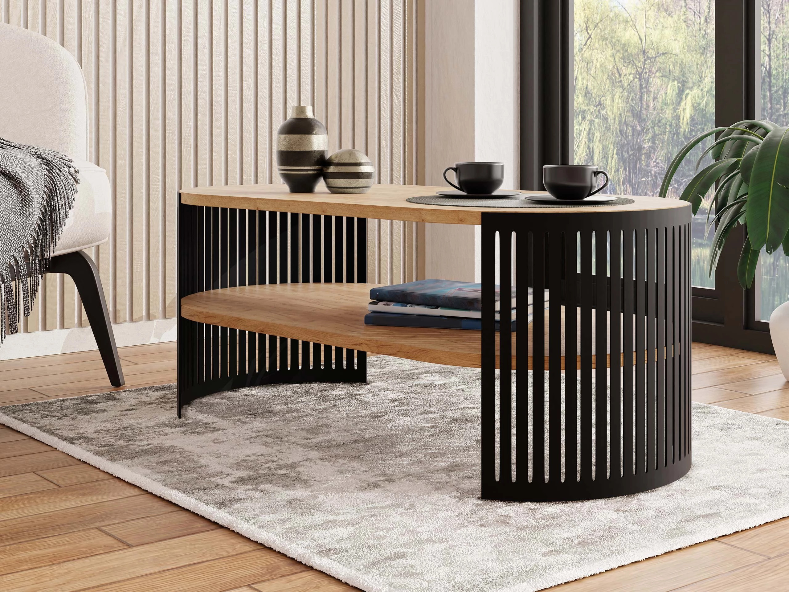 Mesa de centro Civer III (Negro + Roble dorado artesanal)