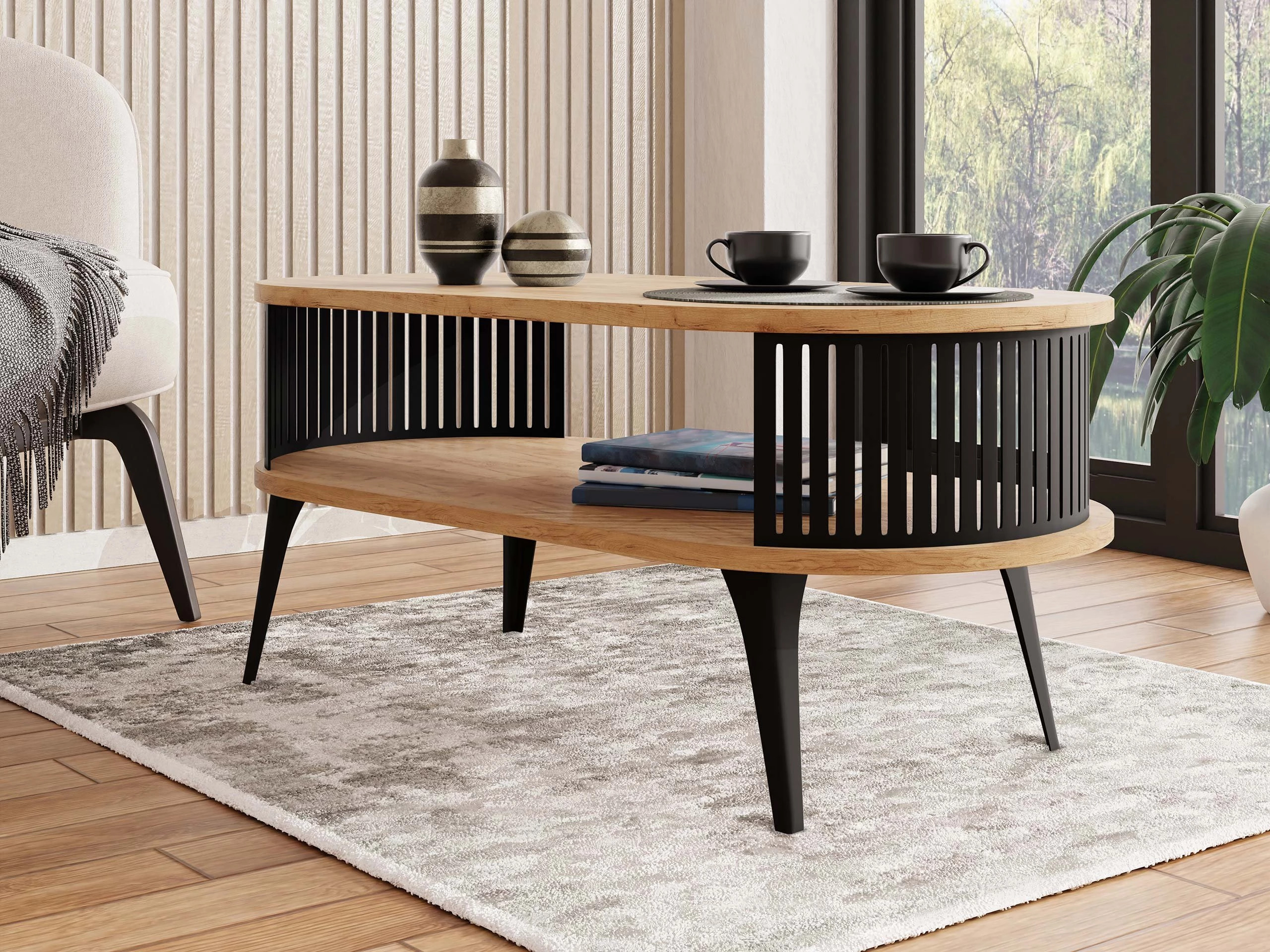 Mesa de centro Vitum III (Negro + Roble dorado artesanal)