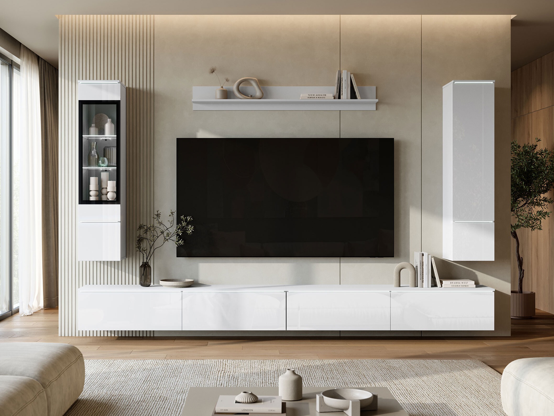 Conjunto de salón Mirfivo 110 (Blanco + Blanco brillante)