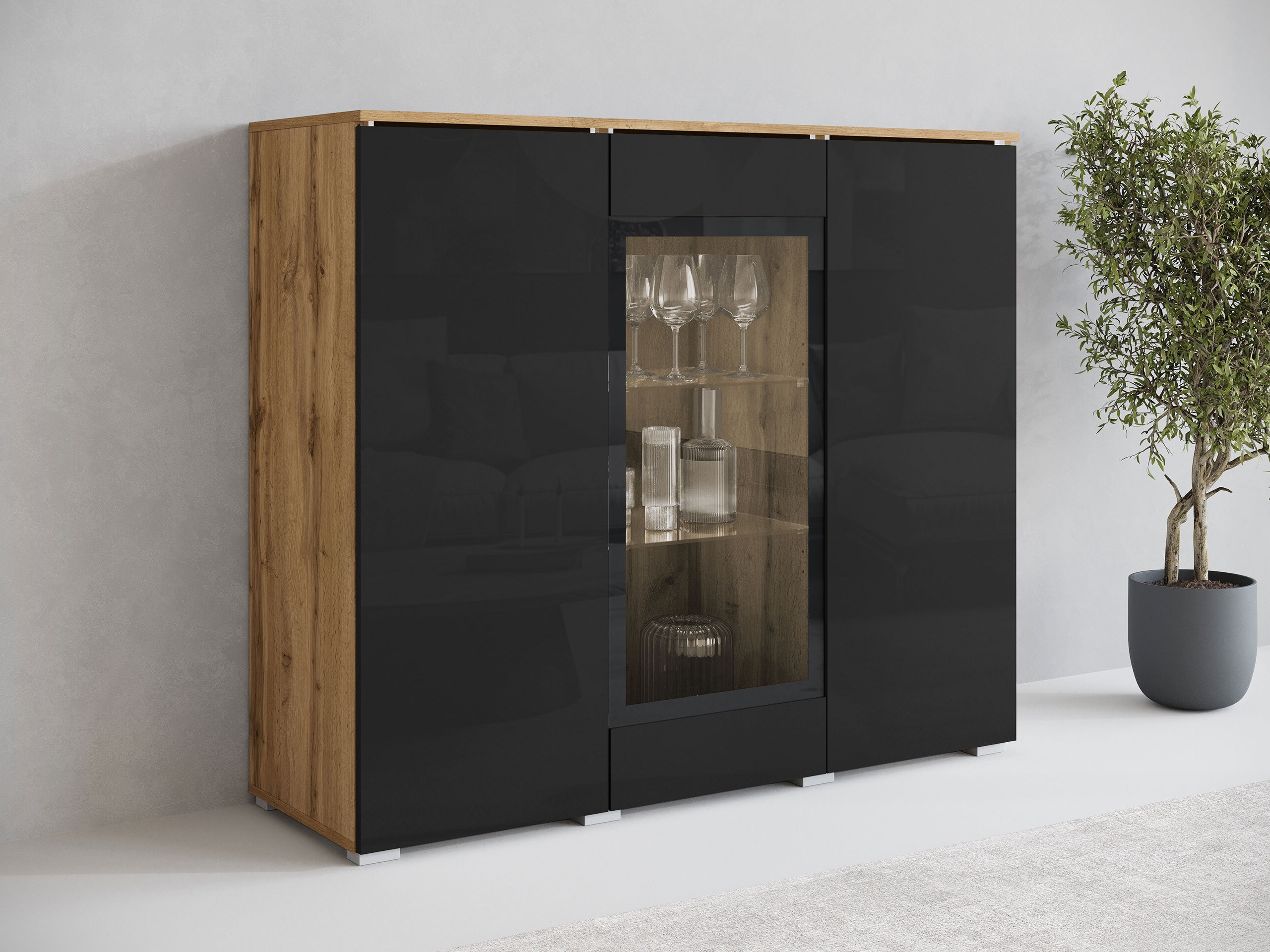 Aparador Mirfivo 103 (Roble wotan + Negro brillante)