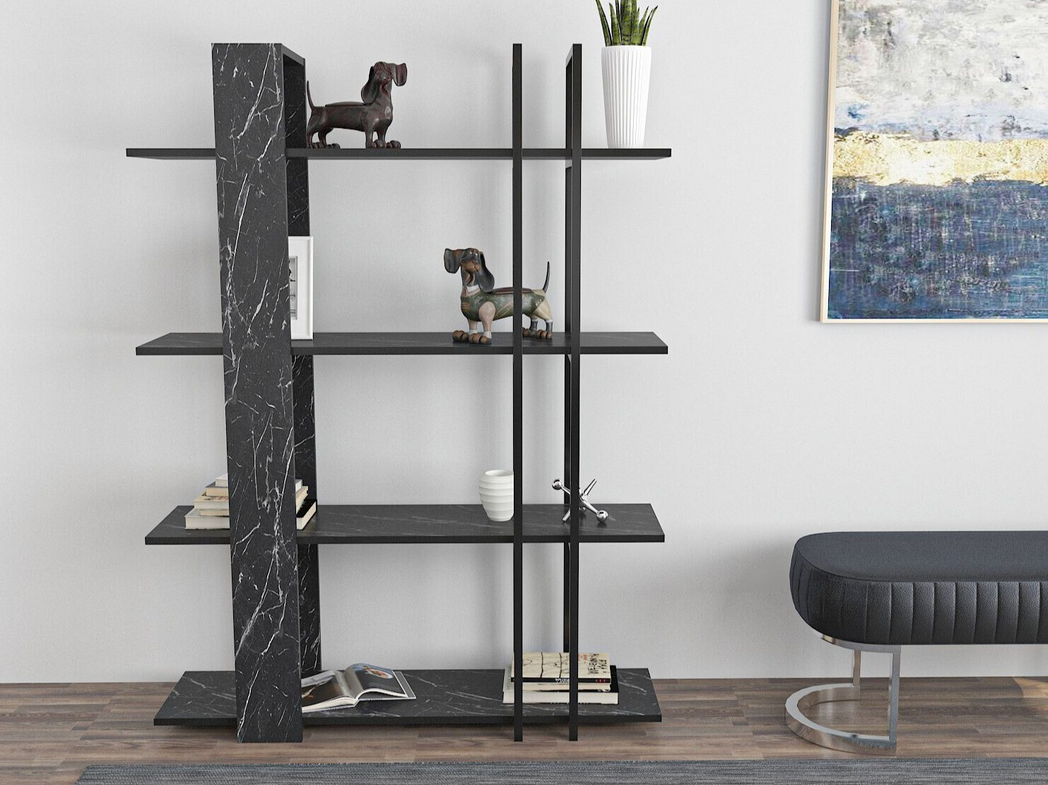 Estantería Kailua 2763 (Negro + Mármol negro)