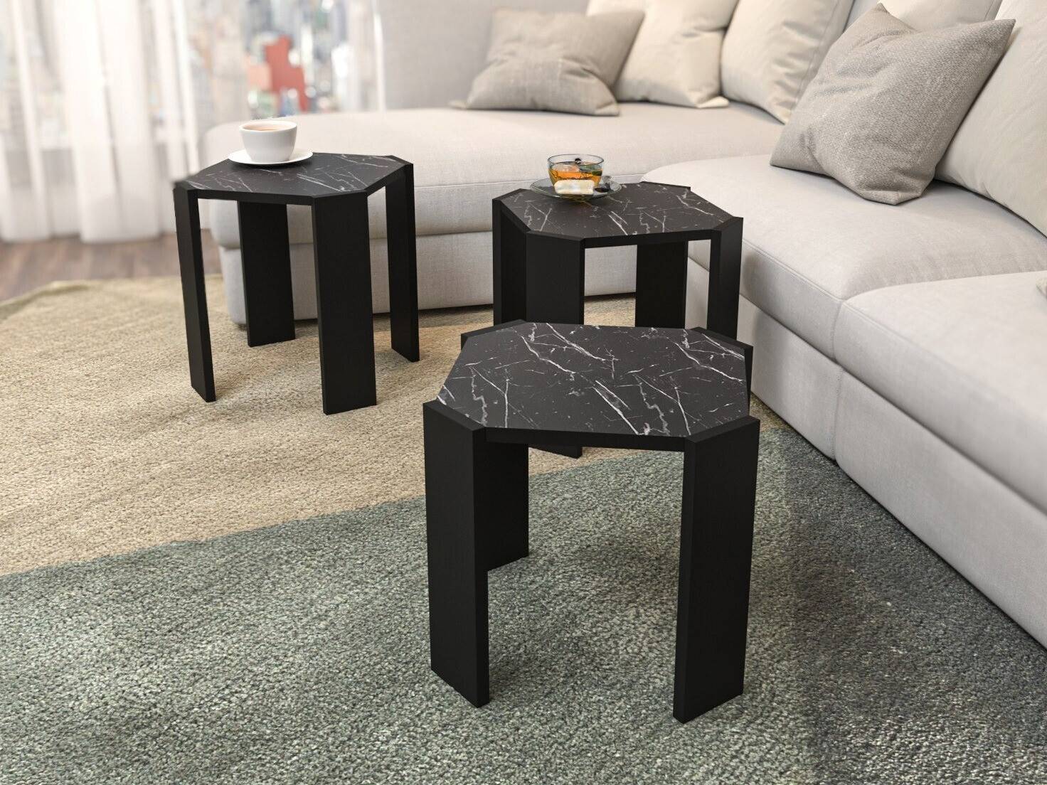 Conjunto mesa de centro Kailua 2770 (Negro + Mármol negro)