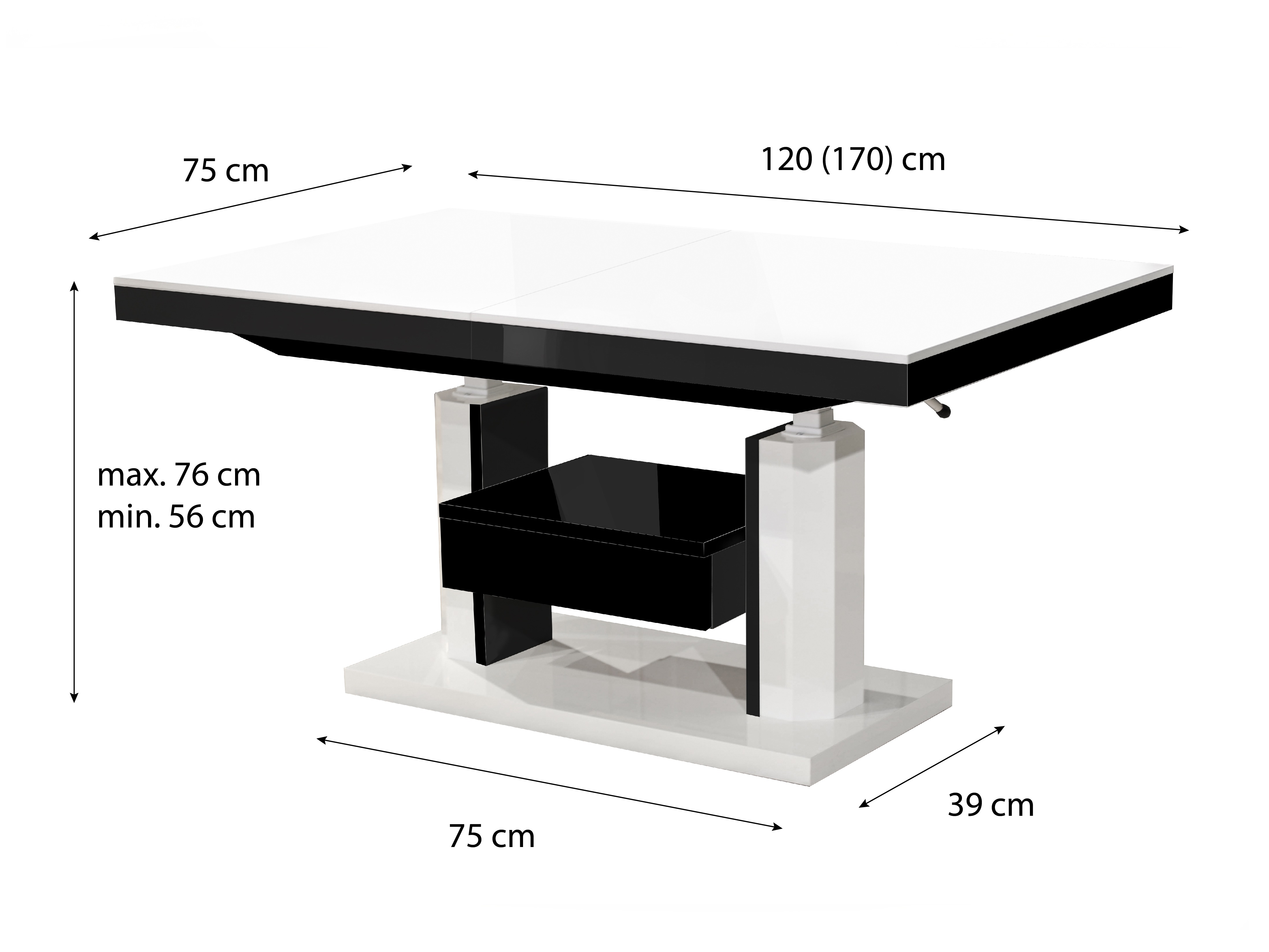 Mesa de centro convertible Hoboken 100 (Blanco brillante + Negro brillante)