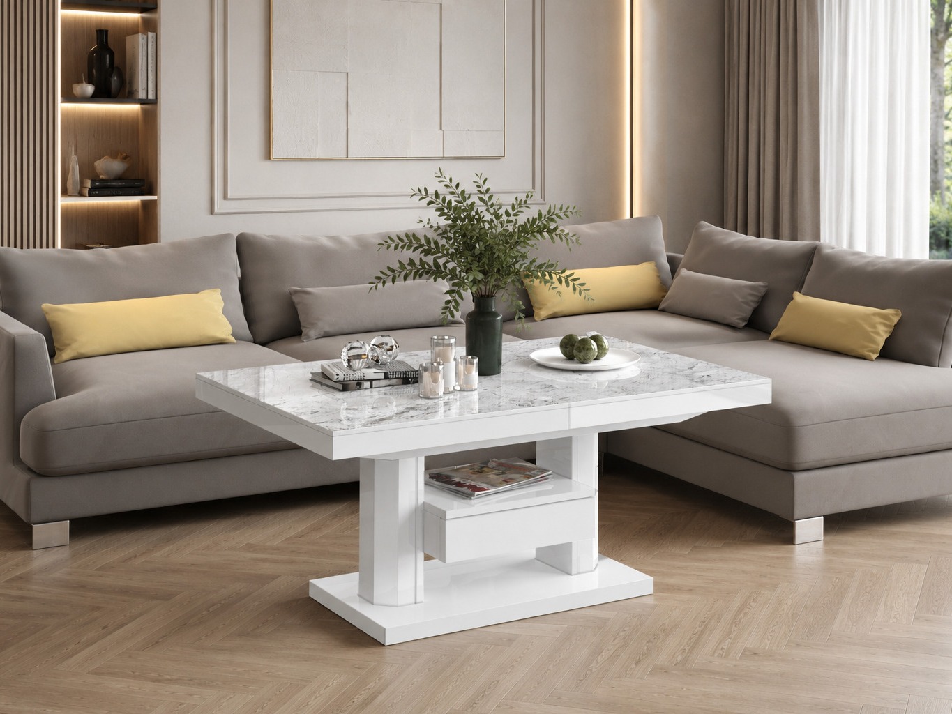 Mesa de centro convertible Hoboken 100 (Mármol blanco + Blanco brillante)