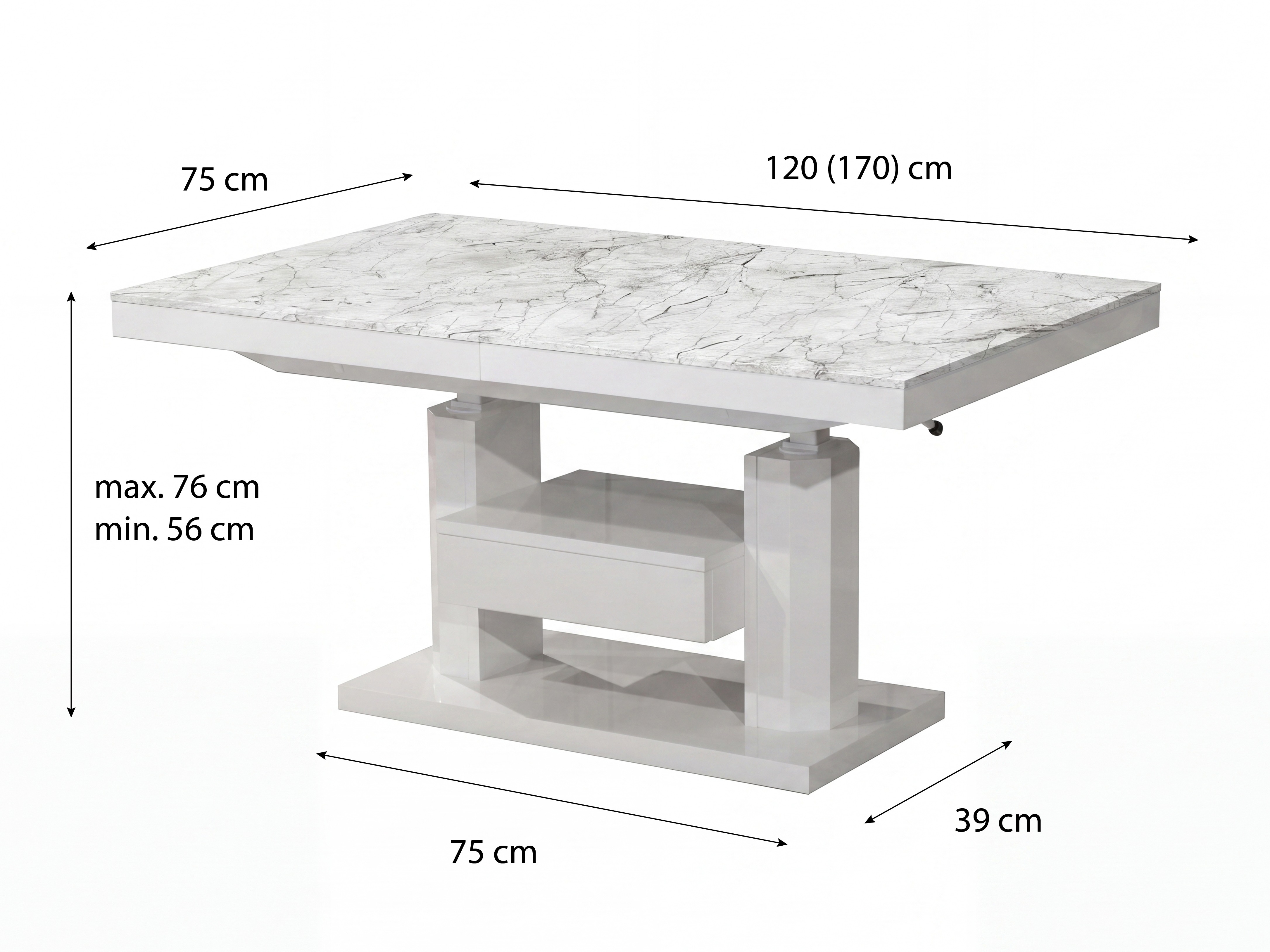 Mesa de centro convertible Hoboken 100 (Mármol blanco + Blanco brillante)