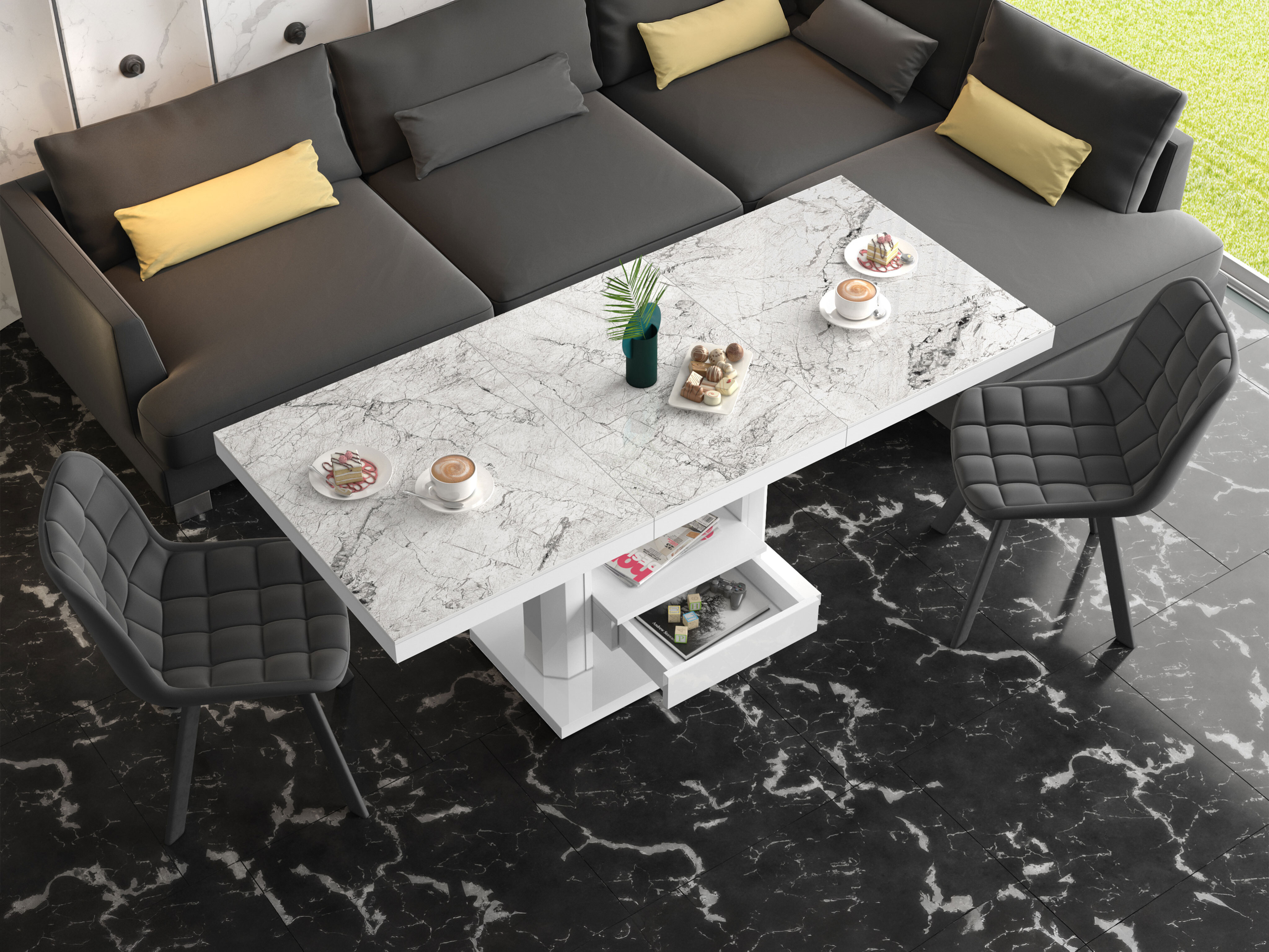 Mesa de centro convertible Hoboken 100 (Mármol blanco + Blanco brillante)