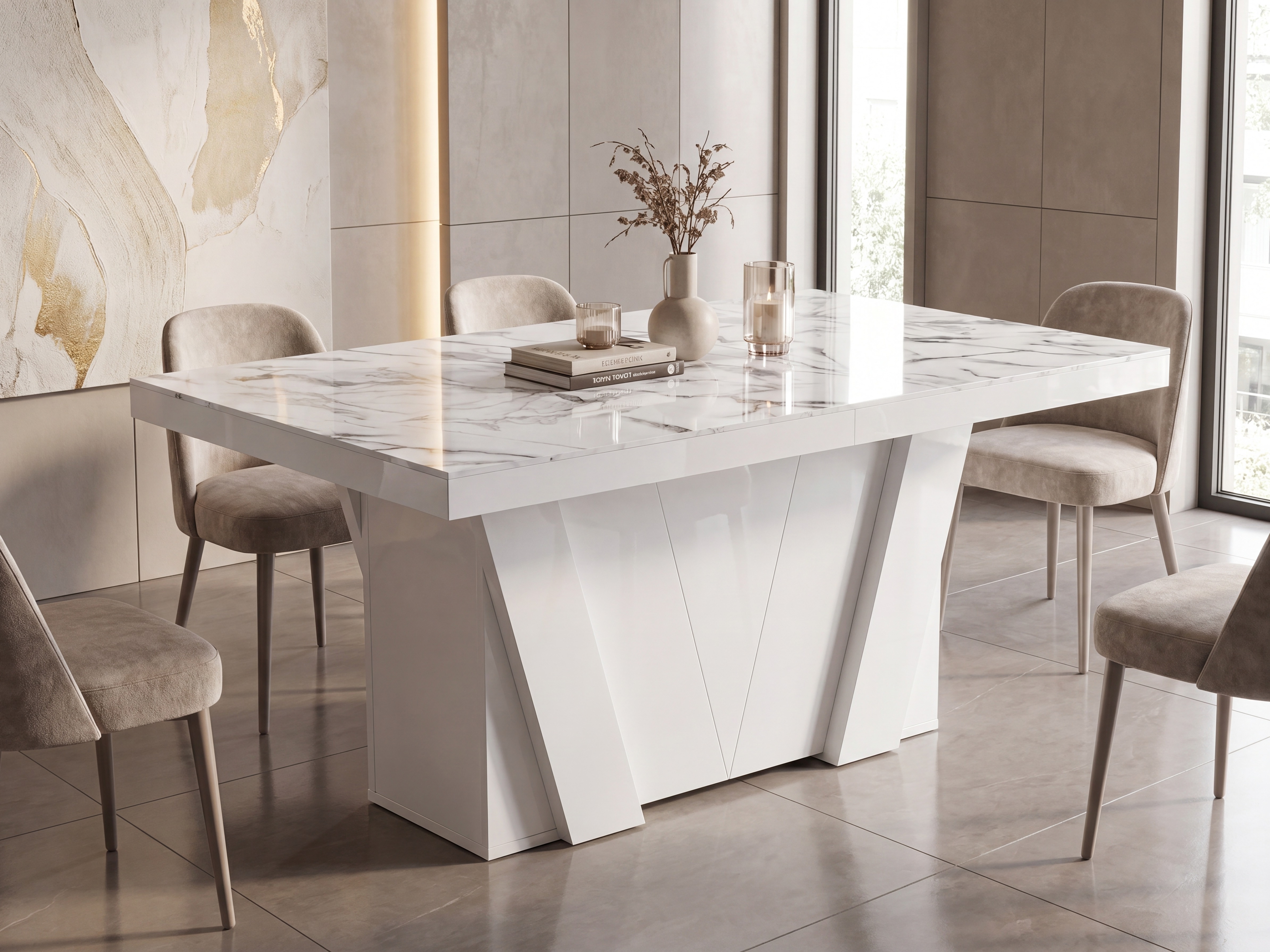 Mesa Hoboken 101 (Mármol blanco + Blanco brillante)