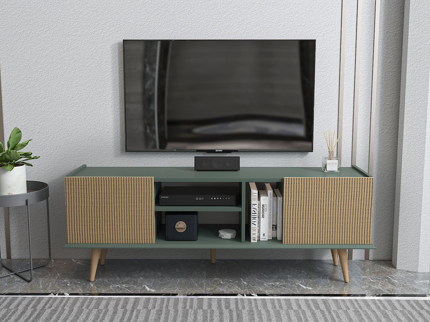 Mueble TV Asheboro 214 (Verde + Patrón de ratán)