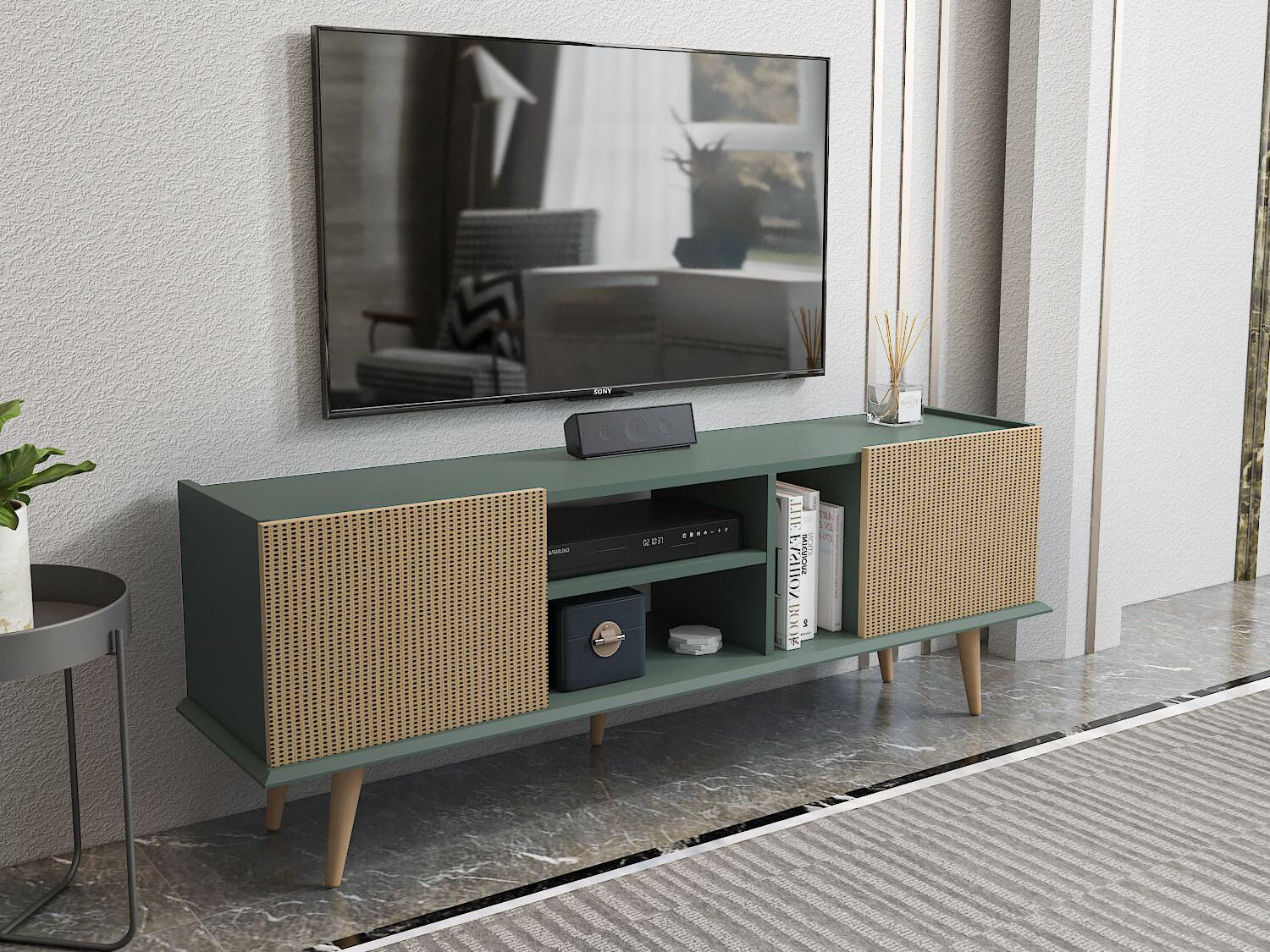 Mueble TV Asheboro 214 (Verde + Patrón de ratán)