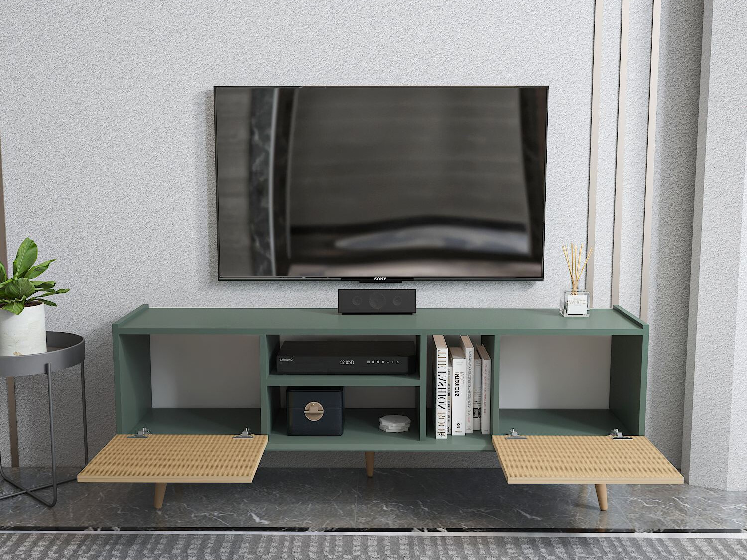 Mueble TV Asheboro 214 (Verde + Patrón de ratán)