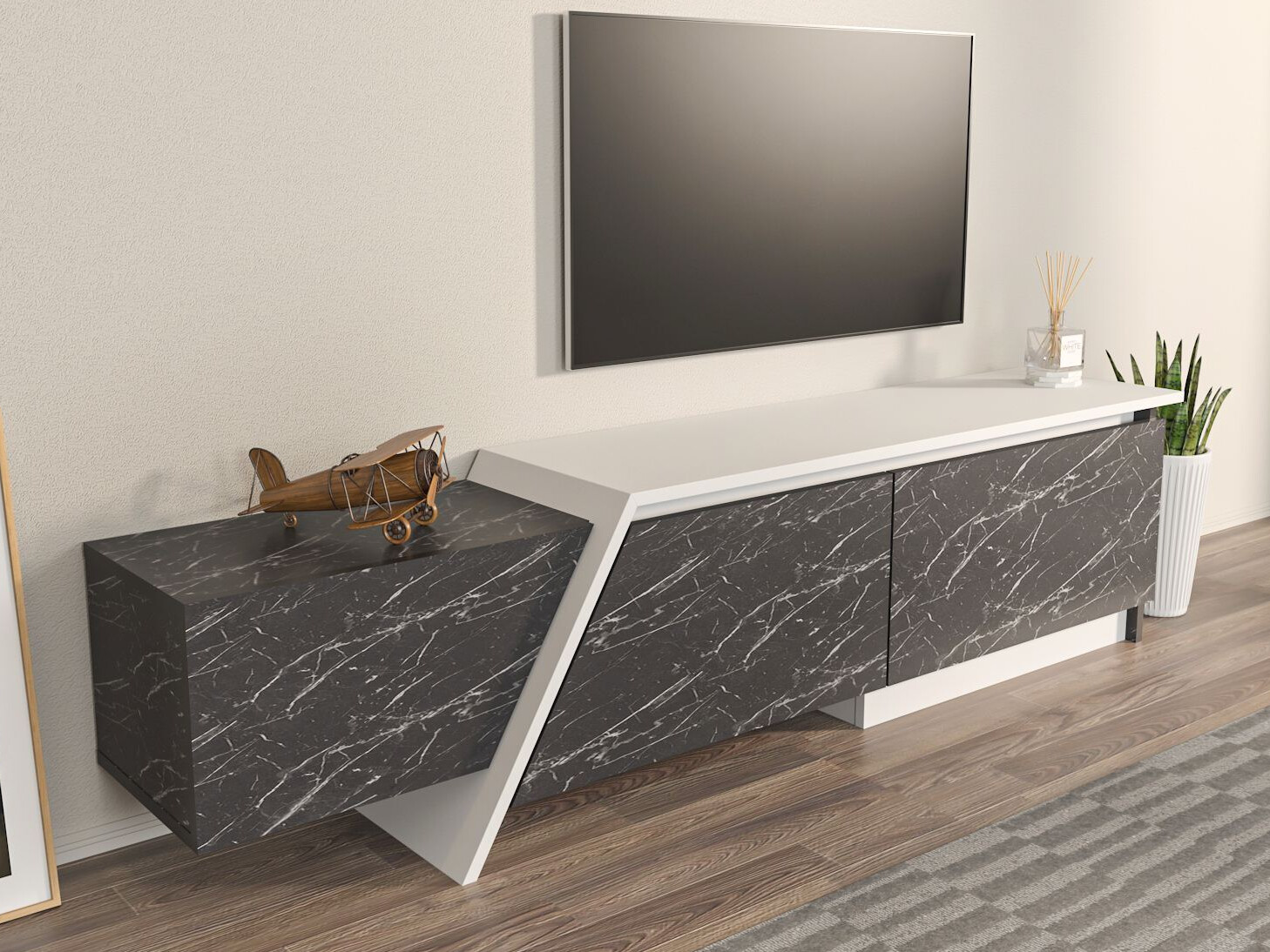 Mueble TV Asheboro 219 (Blanco + Mármol negro)