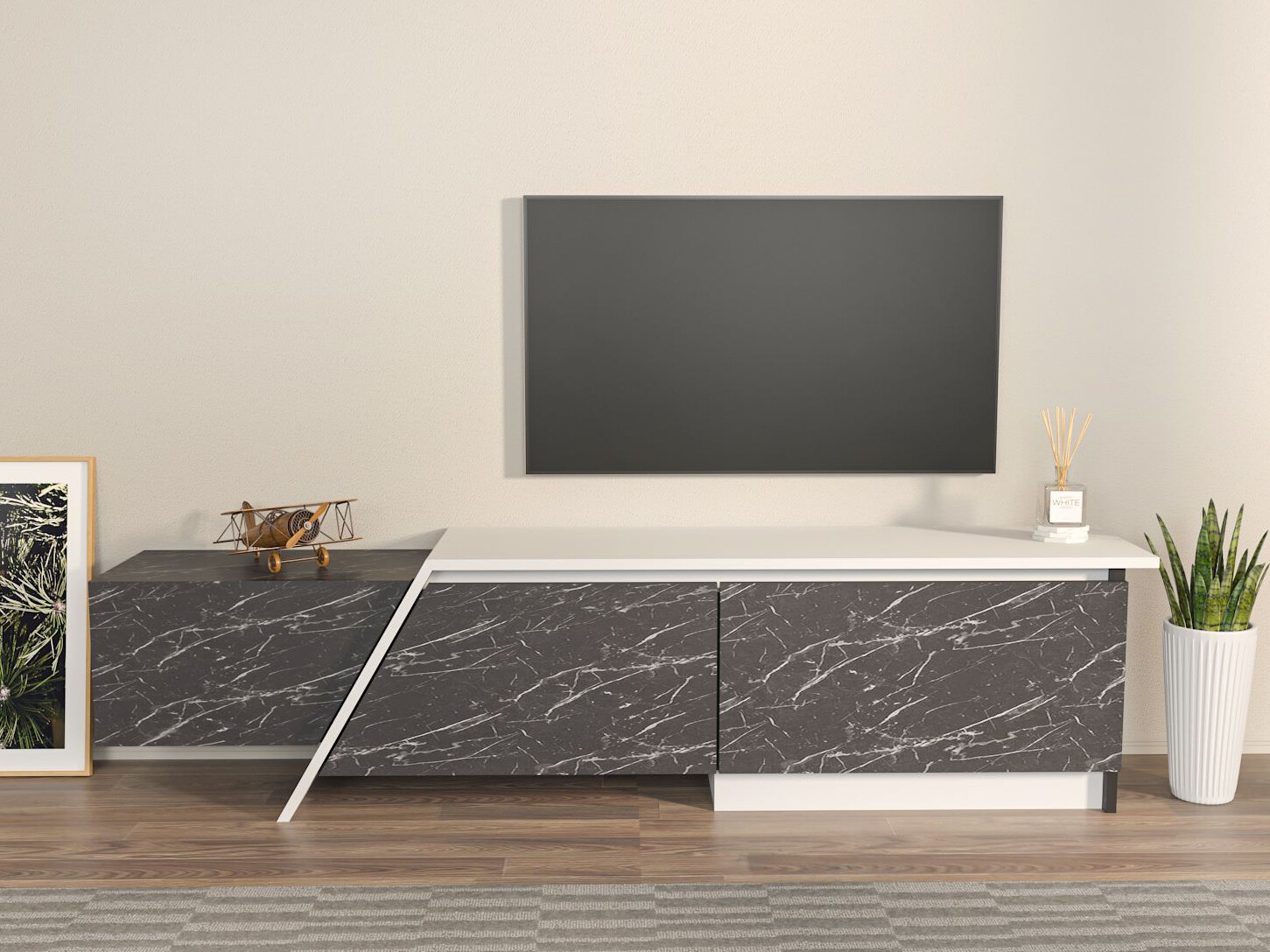 Mueble TV Asheboro 219 (Blanco + Mármol negro)
