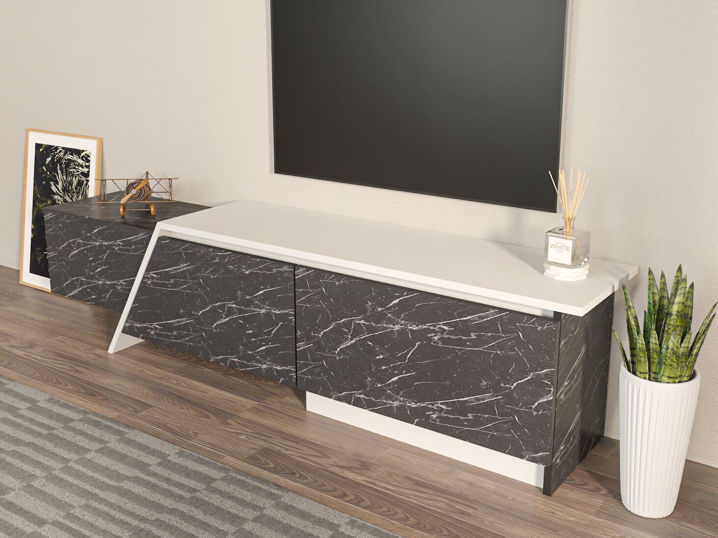 Mueble TV Asheboro 219 (Blanco + Mármol negro)