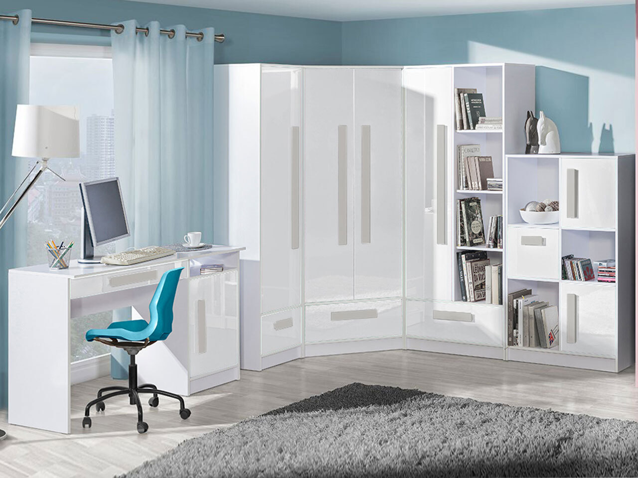 Estantería Merevari 105 (Blanco + Blanco brillante + Gris)