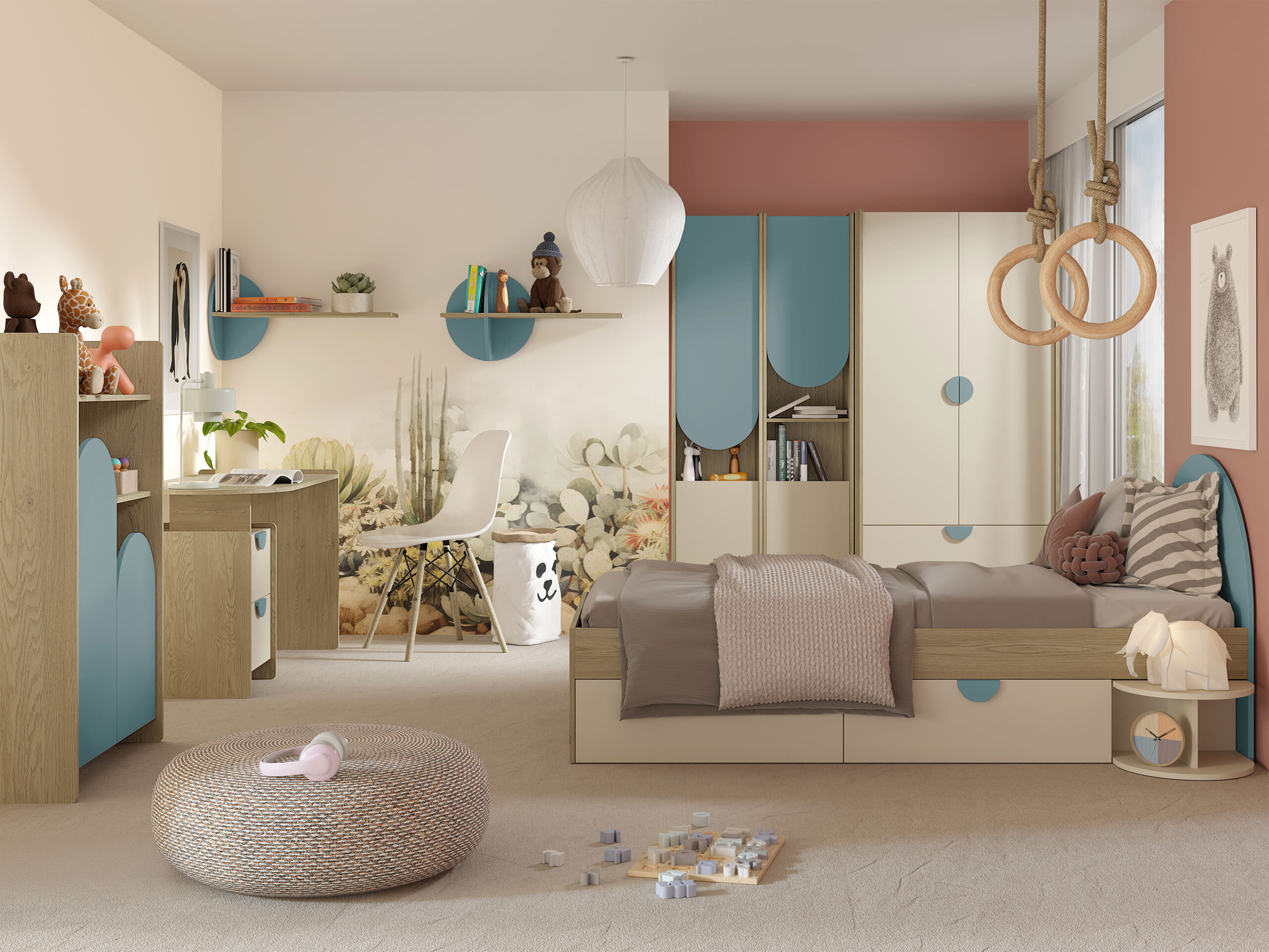 Estantería de pared Fivelbi 116 (Roble Cremona + Azul)
