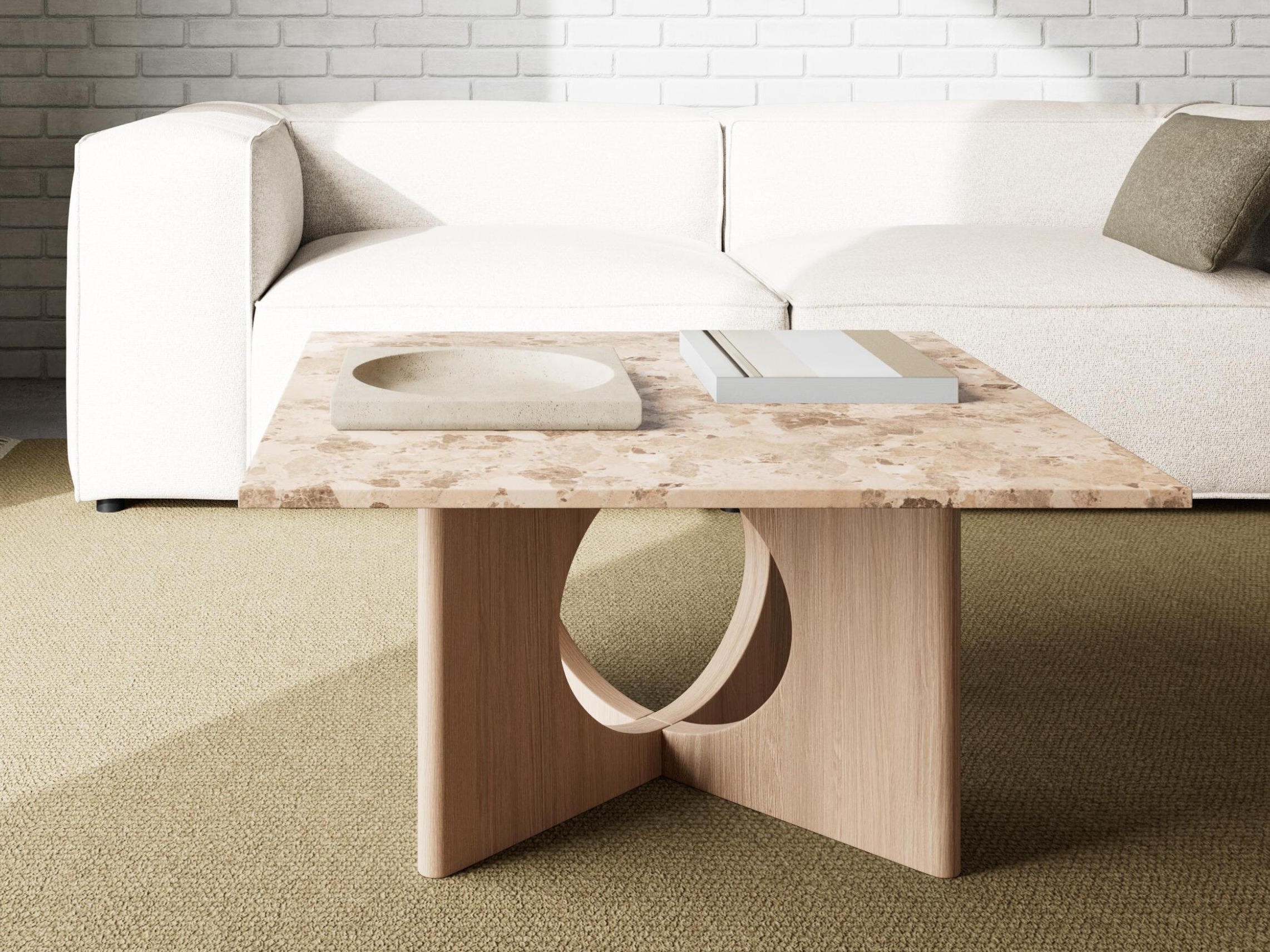 Mesa de centro Norsica 1098 (Roble claro + Mármol marrón)