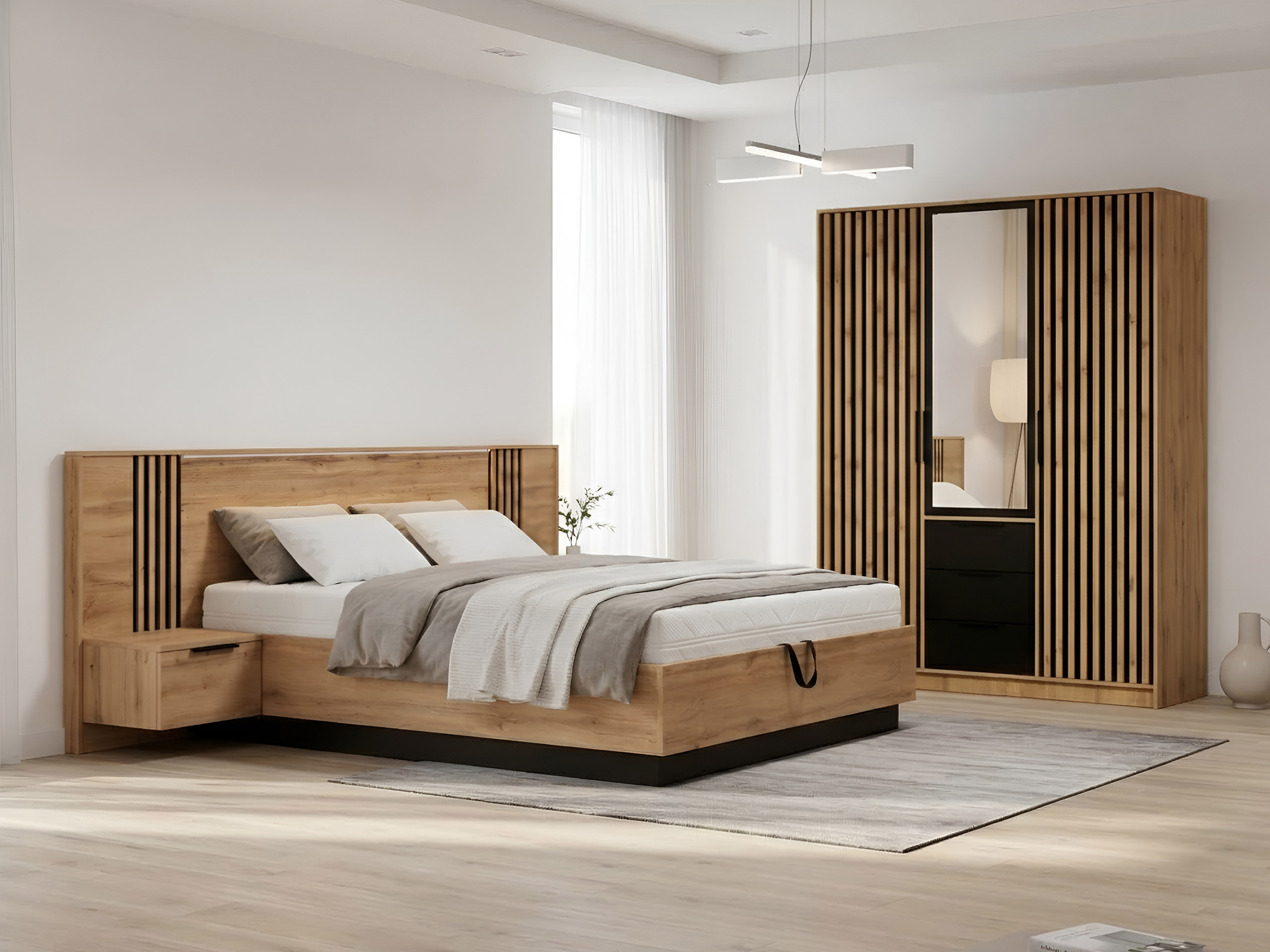 Conjunto de dormitorio Collis (Roble wotan + Negro)