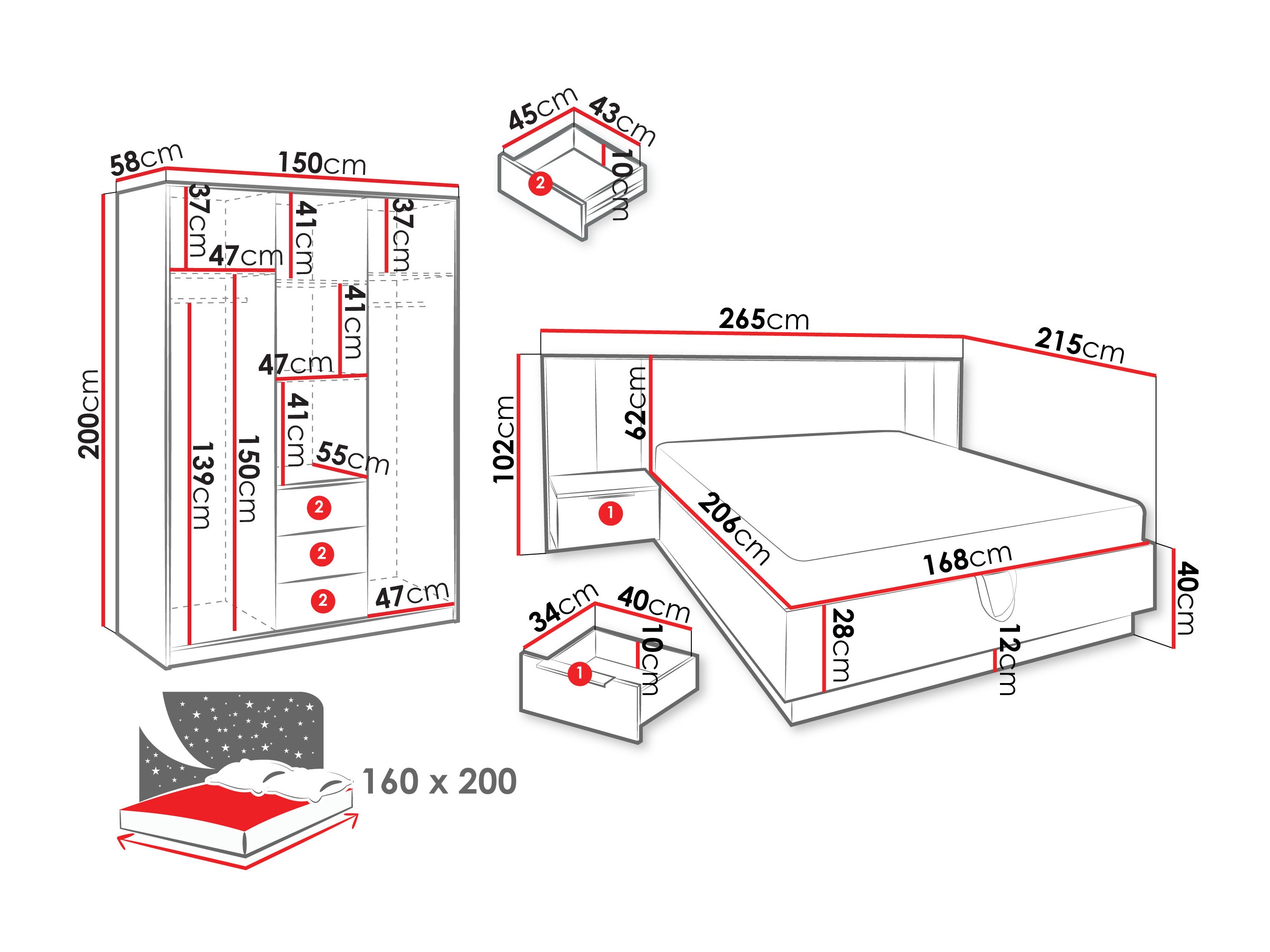 Conjunto de dormitorio Collis (Roble wotan + Negro)