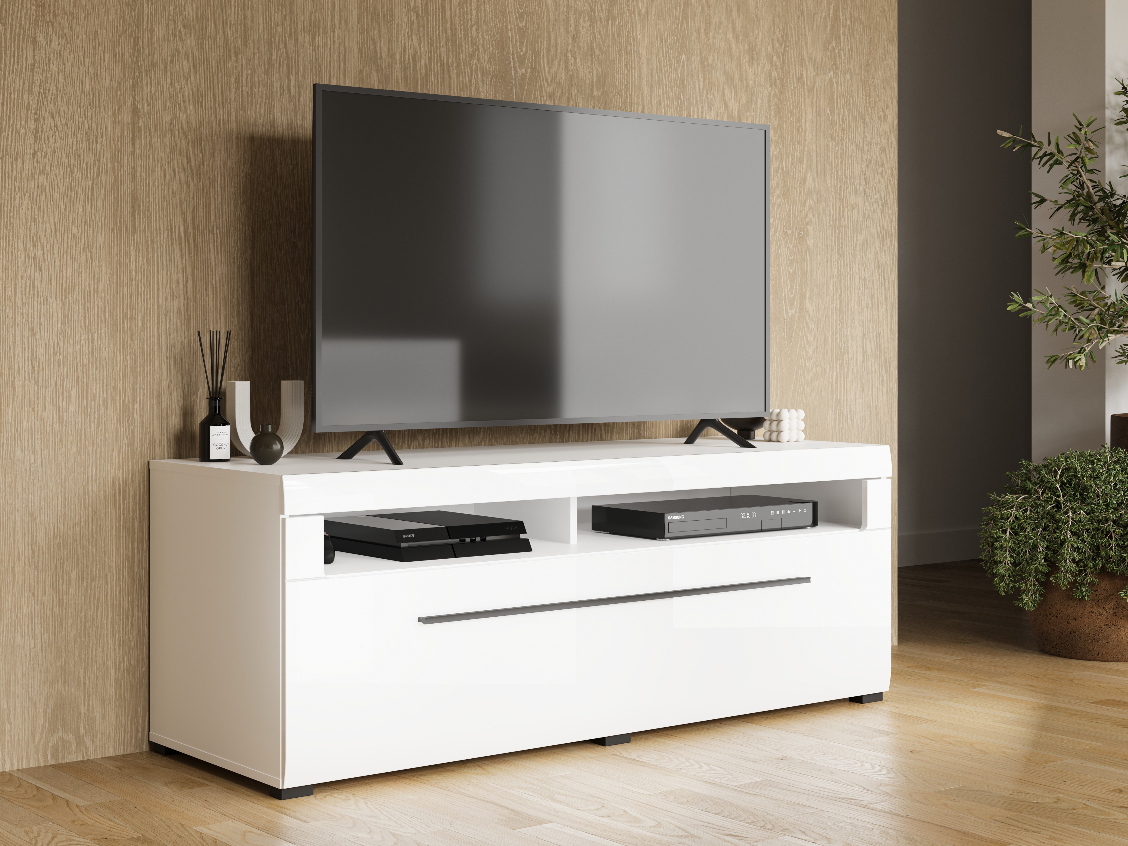 Mueble TV Ophsalu 103 (Blanco + Blanco brillante)