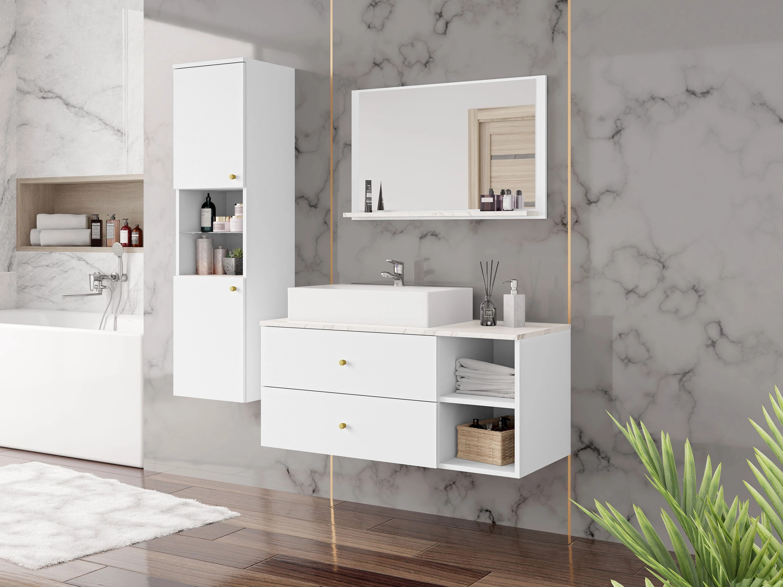 Espejo para baño Salus (Blanco + Mármol blanco)