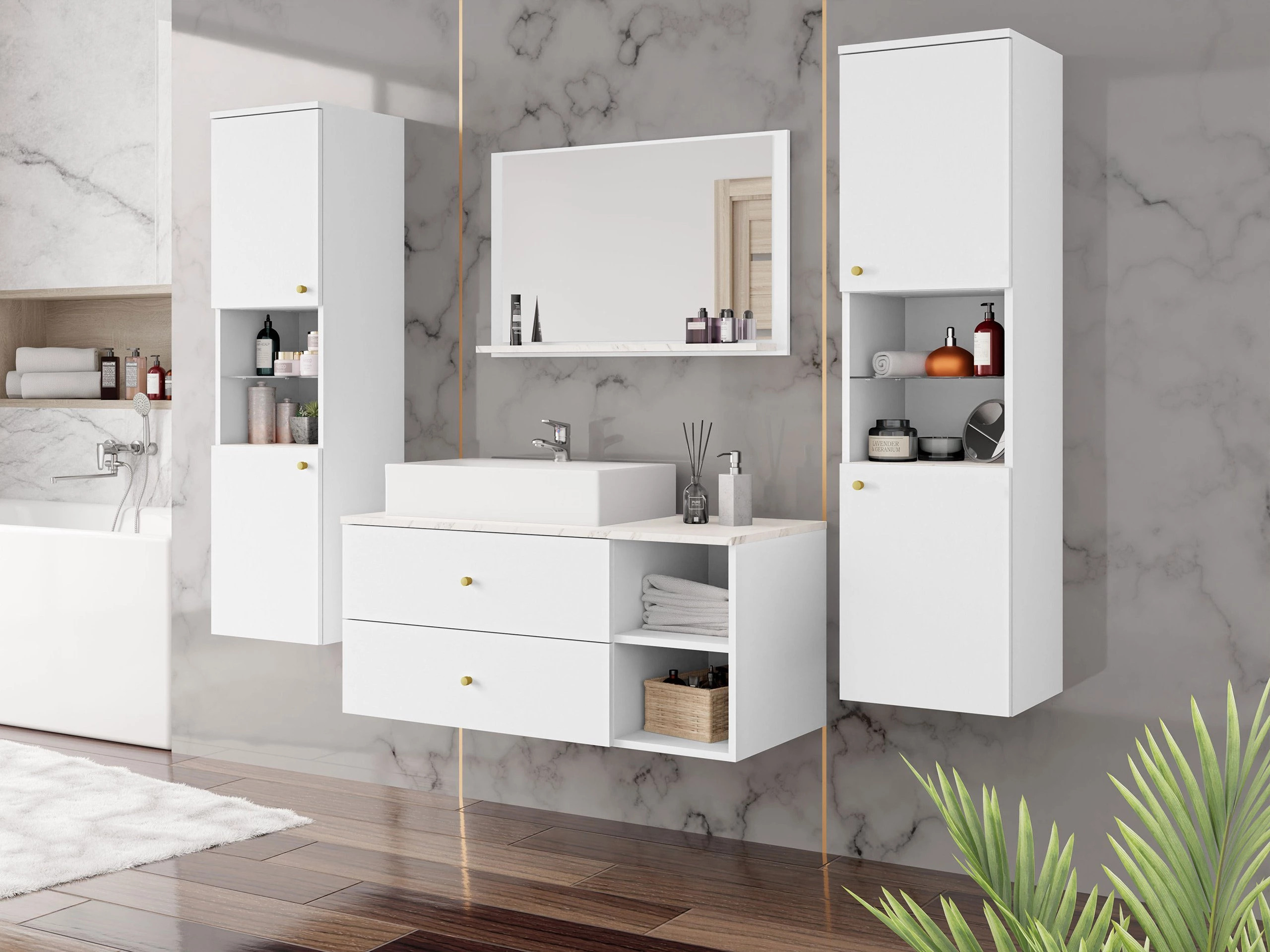 Armario de baño colgante para lavabo Salus (Blanco + Mármol blanco)