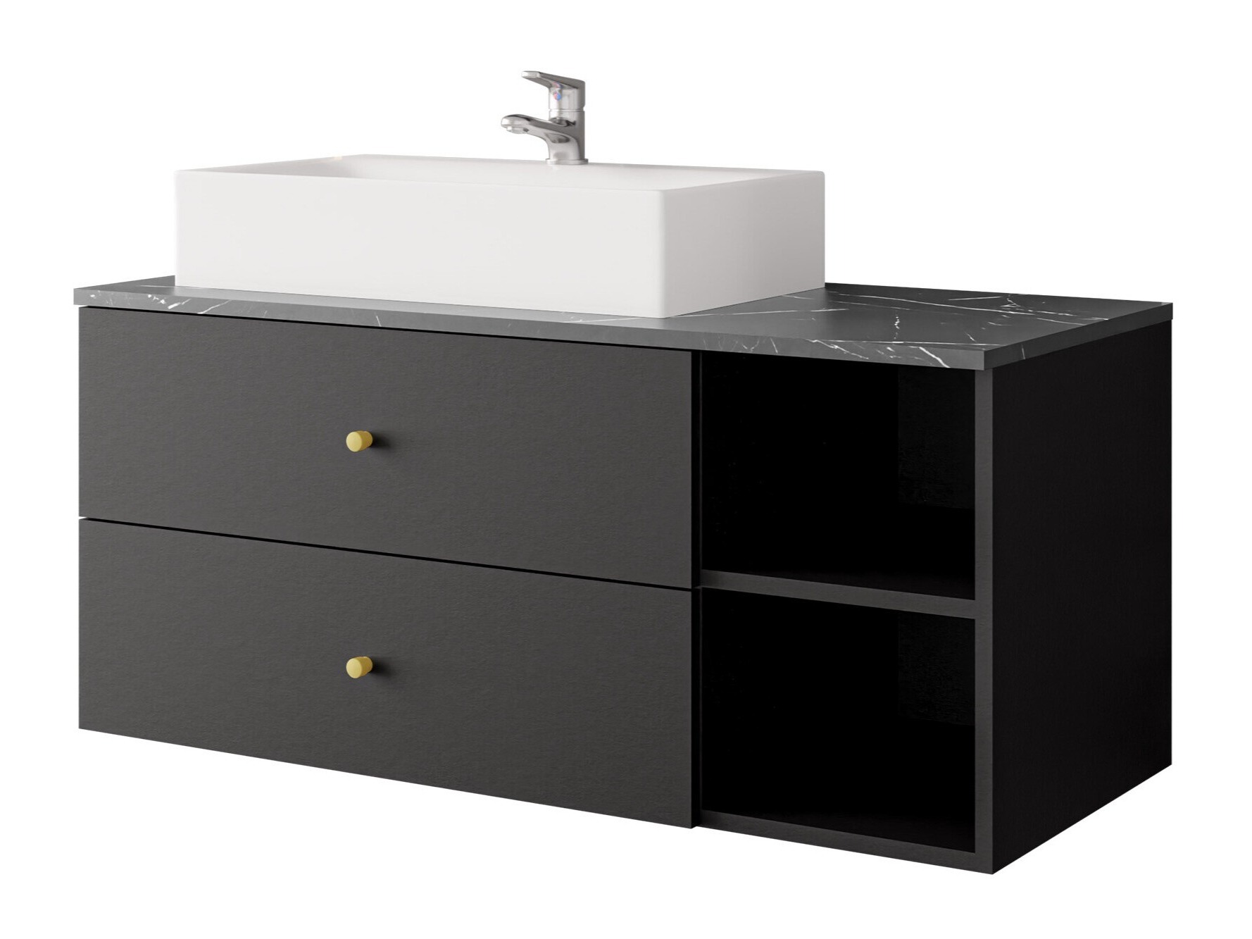 Armario de baño colgante para lavabo Salus (Negro + Mármol negro)