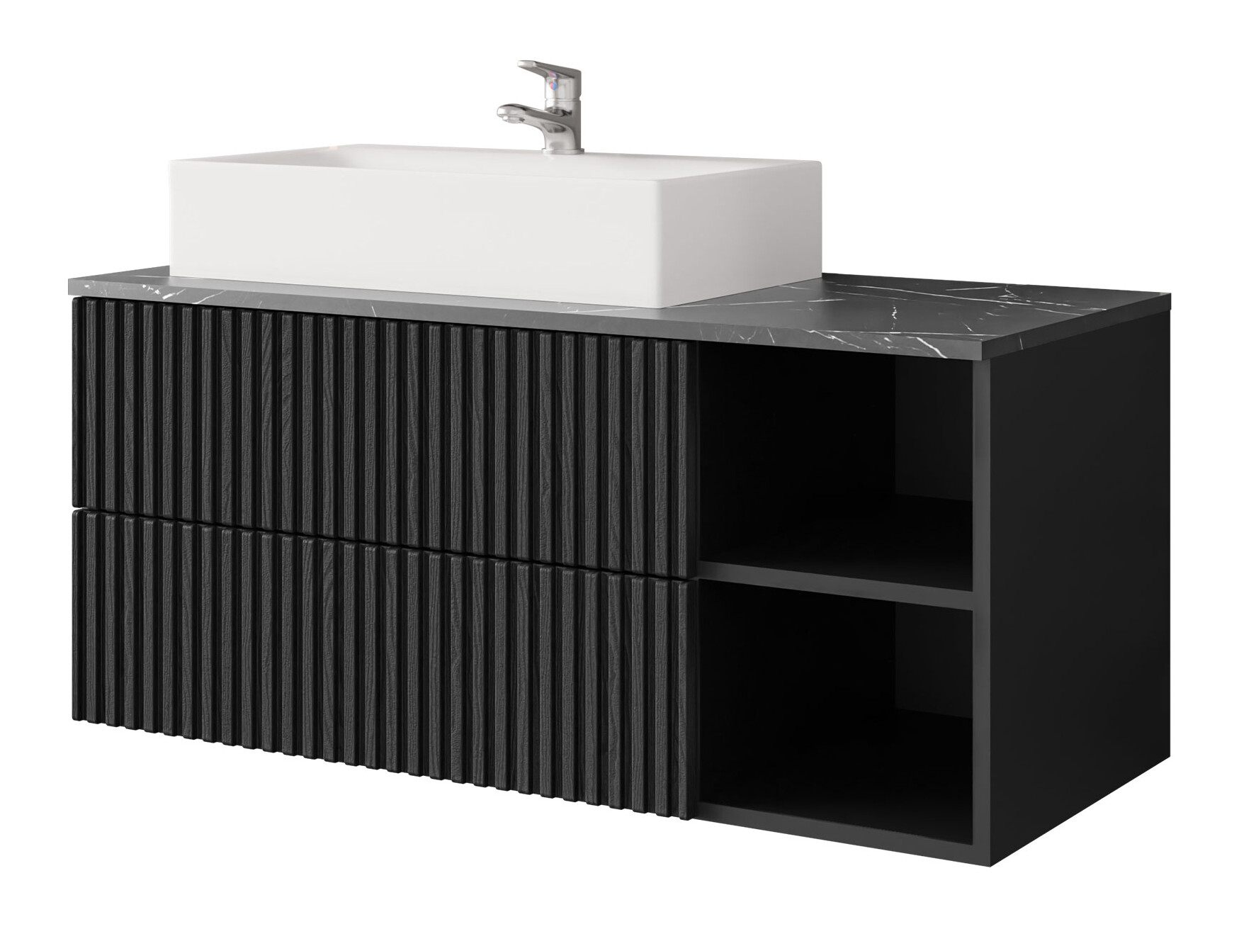 Armario de baño colgante para lavabo Nauta (Negro + Mármol negro)