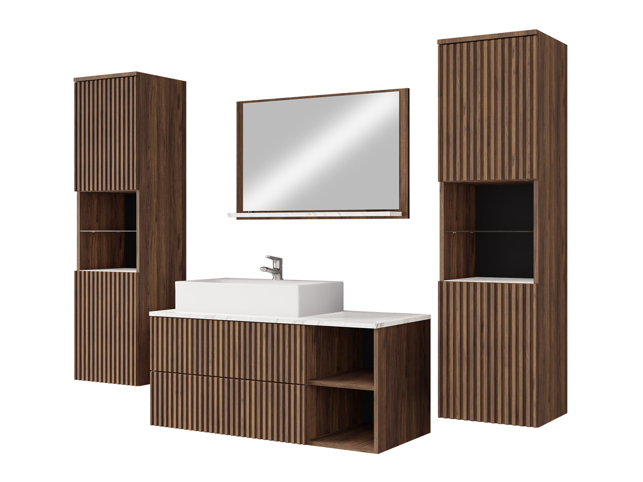 Conjunto de mueble de baño Nauta II (Nogal + Mármol blanco)