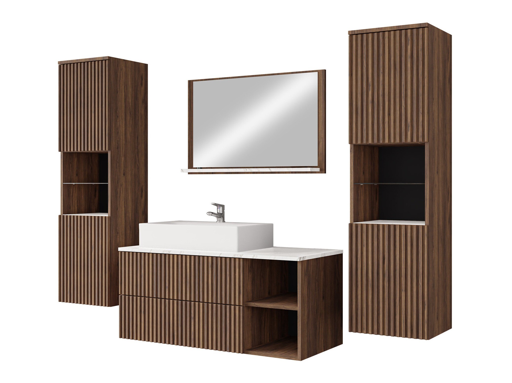 Conjunto de mueble de baño Nauta II (Nogal + Mármol blanco)