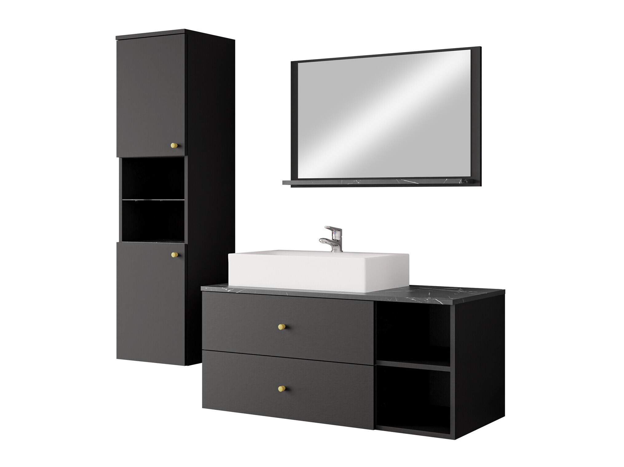 Conjunto de mueble de baño Salus II (Negro + Mármol negro)