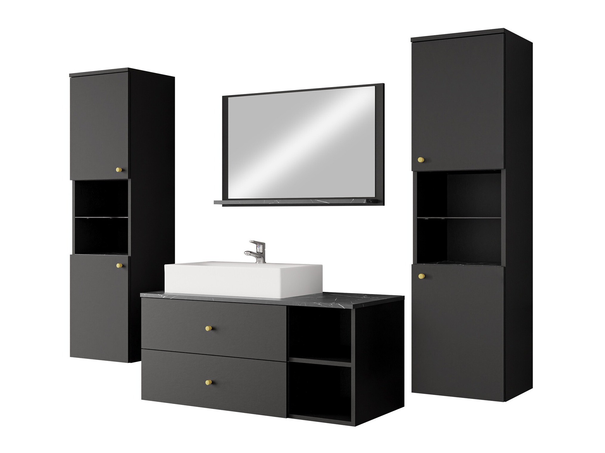 Conjunto de mueble de baño Salus III (Negro + Mármol negro)