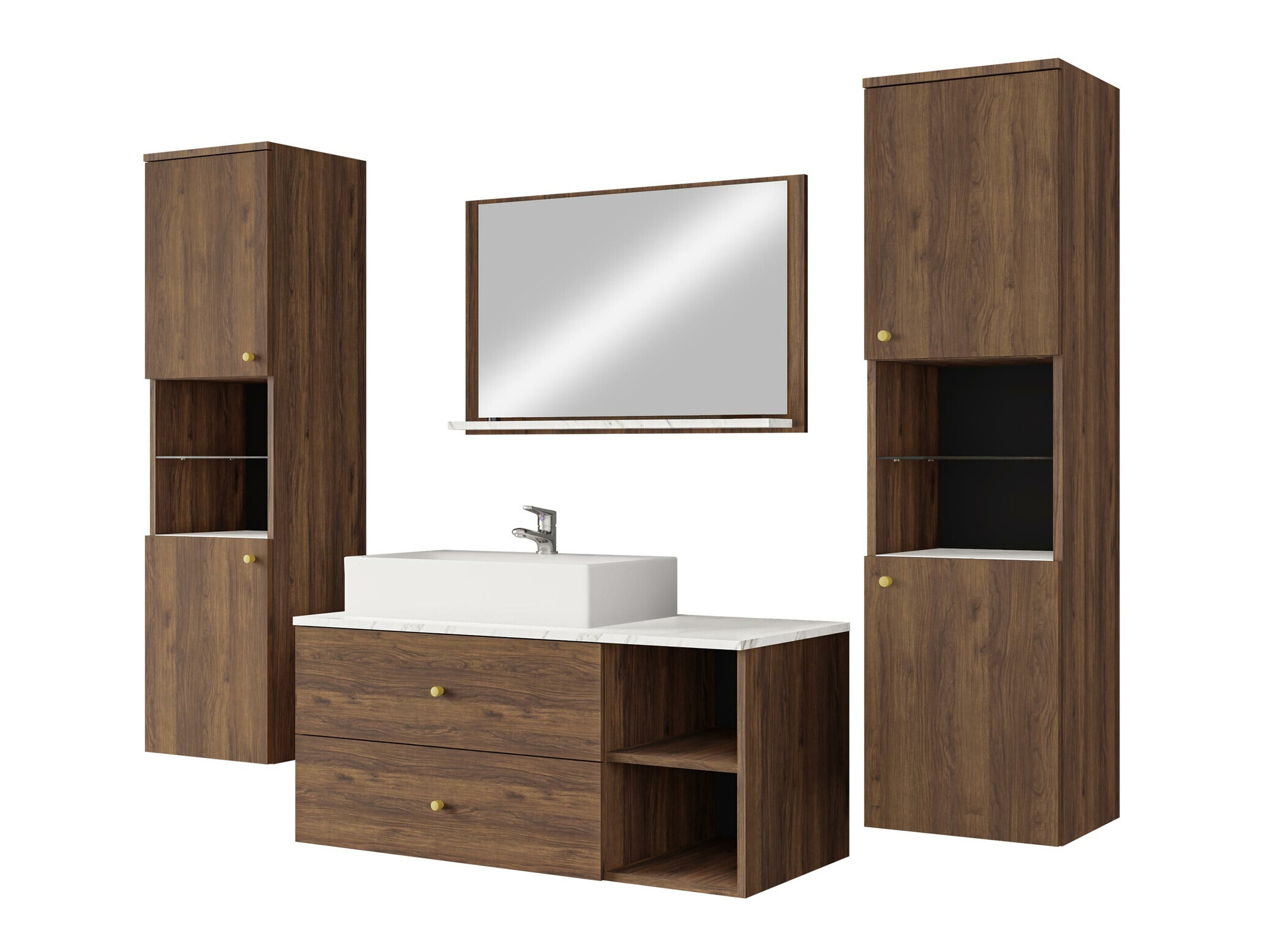 Conjunto de mueble de baño Salus III (Nogal + Mármol blanco)