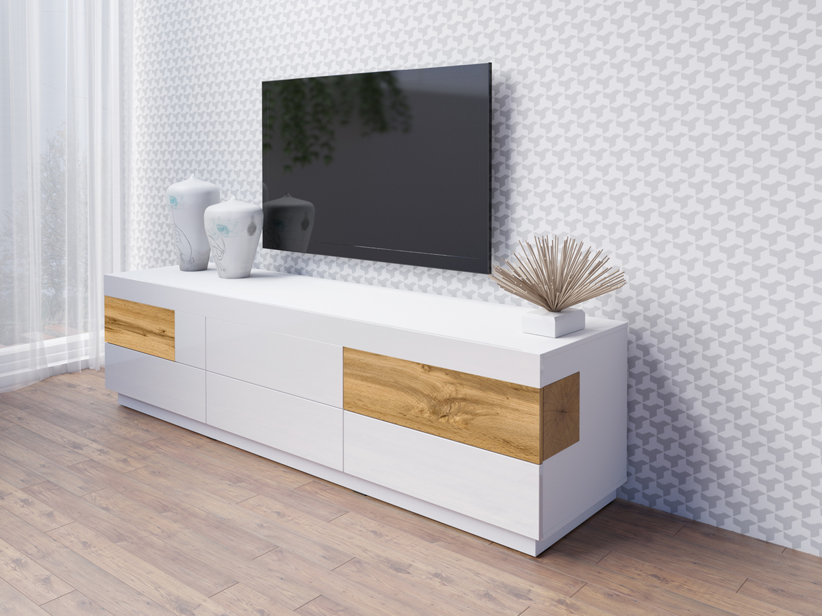 Mueble TV Livlore 102 (Blanco + Blanco brillante + Roble wotan)