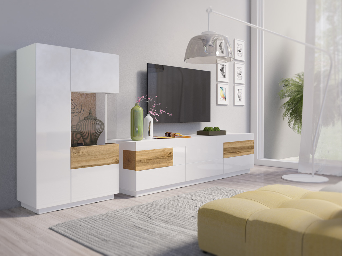 Mueble TV Livlore 102 (Blanco + Blanco brillante + Roble wotan)