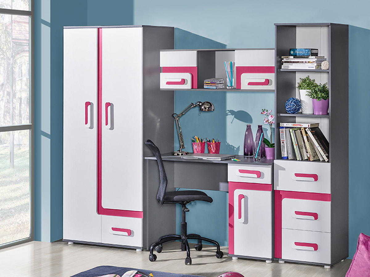 Conjunto de dormitorio infantil Levtala 120 (Antracita + Blanco + Rosa)