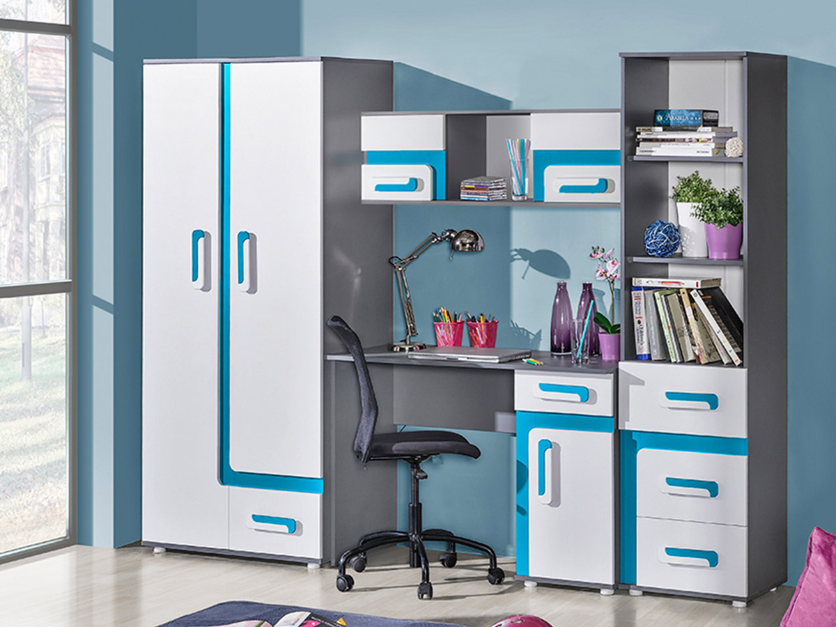 Conjunto de dormitorio infantil Levtala 120 (Antracita + Blanco + Turquesa)