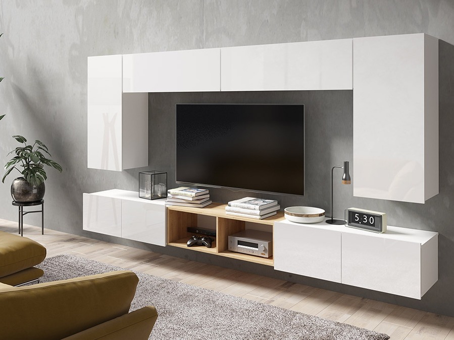 Conjunto de salón Remus XXIII (Blanco + Blanco brillante + Roble dorado)