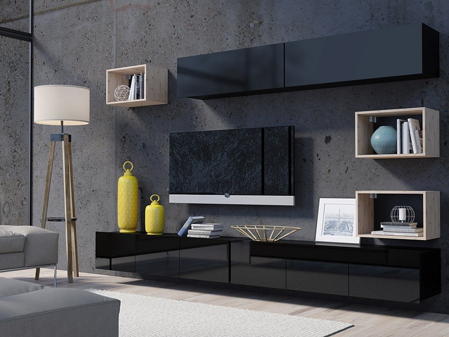 Conjunto de salón Remus XXXI (Negro + Negro brillante + Roble Artisan)