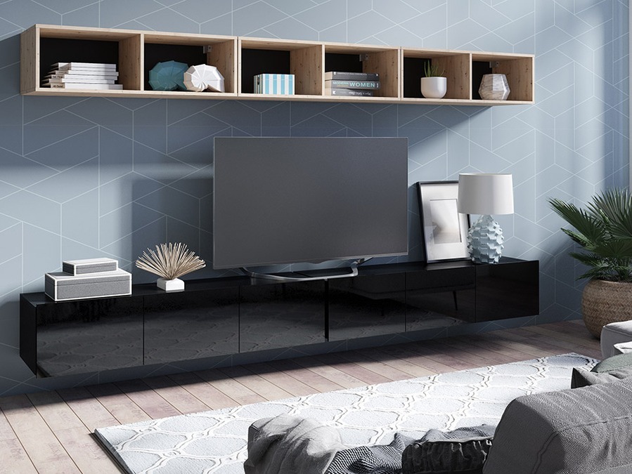 Conjunto de salón Remus XXXIII (Negro + Negro brillante + Roble Artisan)