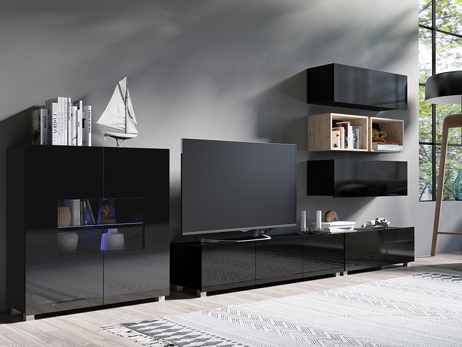 Conjunto de salón Tivdalu 148 (Negro + Negro brillante + Roble Artisan)