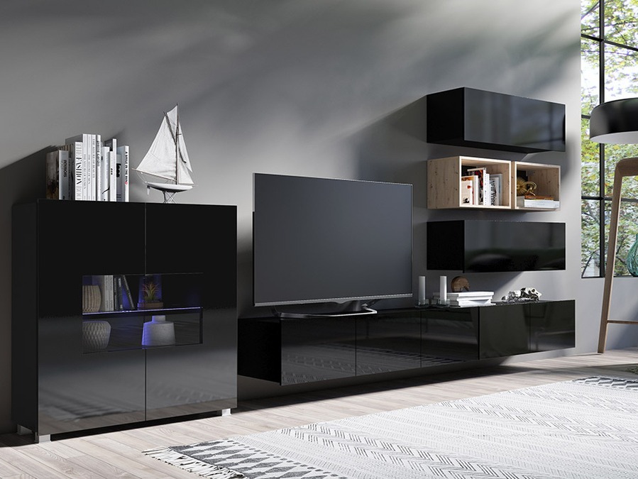 Conjunto de salón Tivdalu 148 (Negro + Negro brillante + Roble Artisan)