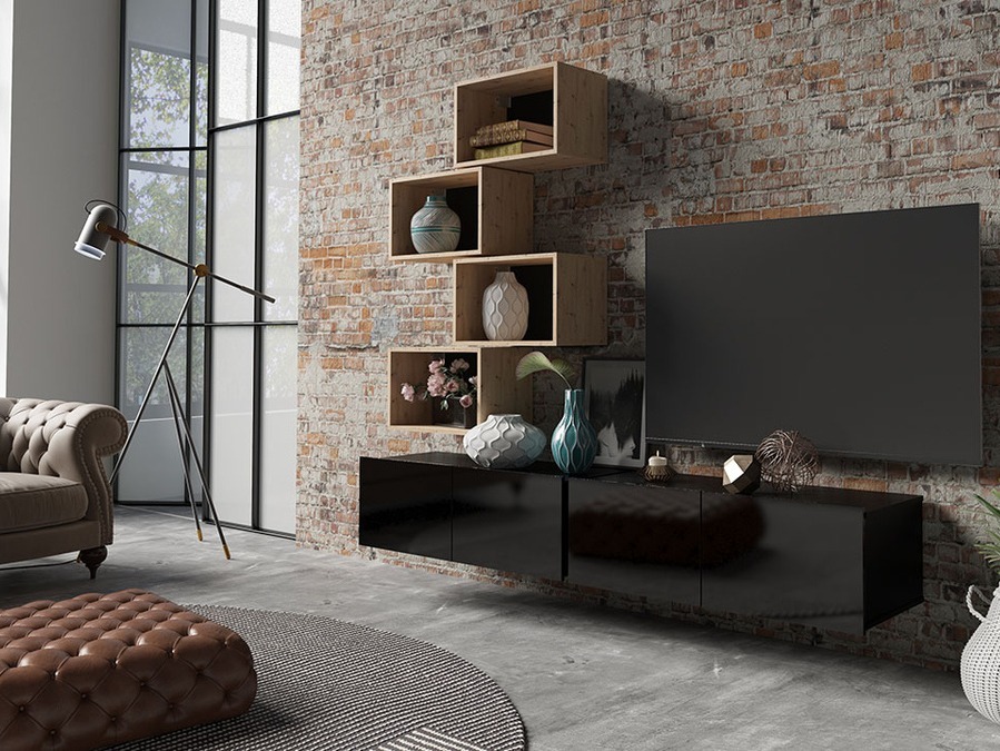 Conjunto de salón Tivdalu 150 (Negro + Negro brillante + Roble Artisan)