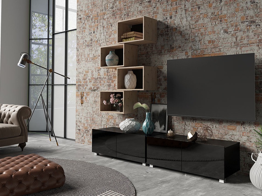 Conjunto de salón Tivdalu 150 (Negro + Negro brillante + Roble Artisan)