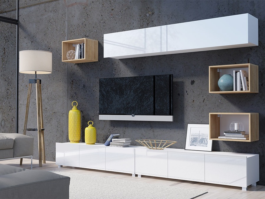 Conjunto de salón Tivdalu 151 (Blanco + Blanco brillante + Roble dorado)