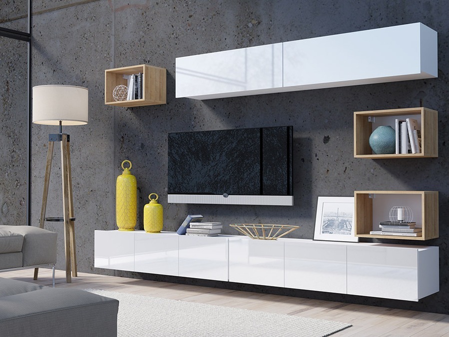 Conjunto de salón Tivdalu 151 (Blanco + Blanco brillante + Roble dorado)