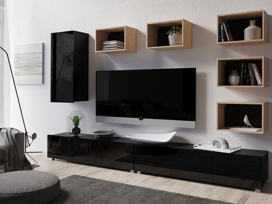 Conjunto de salón Tivdalu 157 (Negro + Negro brillante + Roble Artisan)