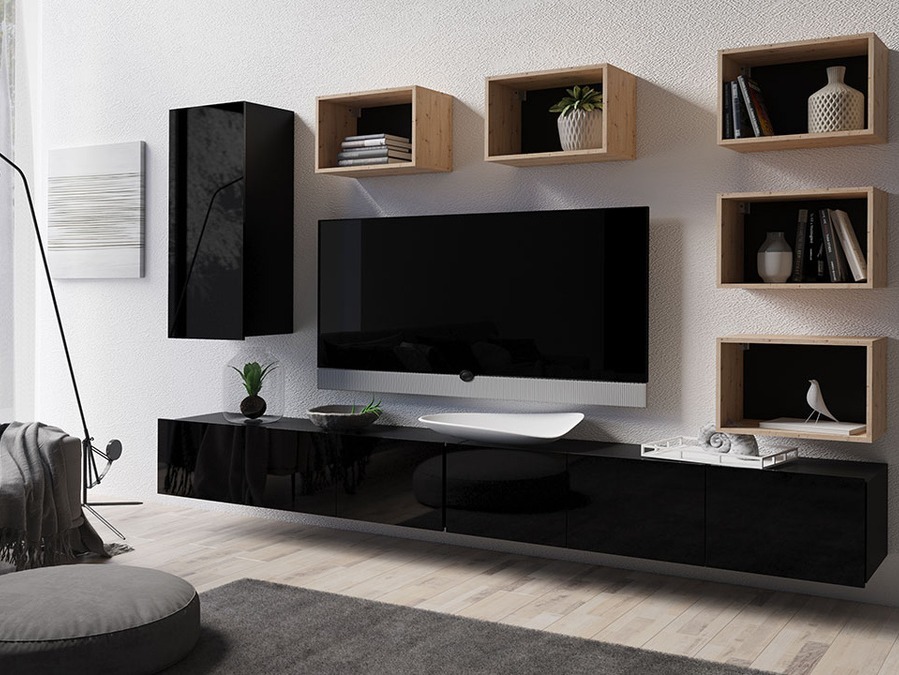 Conjunto de salón Tivdalu 157 (Negro + Negro brillante + Roble Artisan)